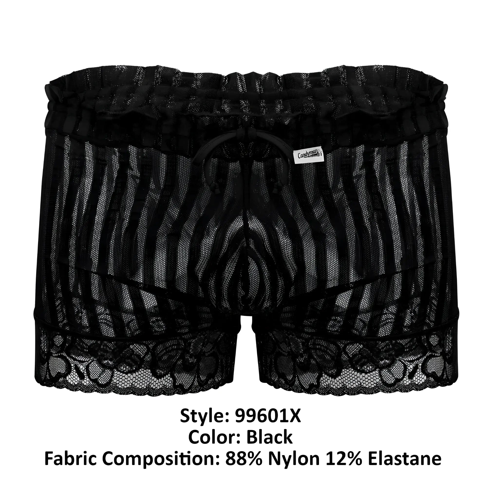 Candyman 99601x black lounge pajama shorts with black lace-trimmed mesh briefs and vertical striped pattern