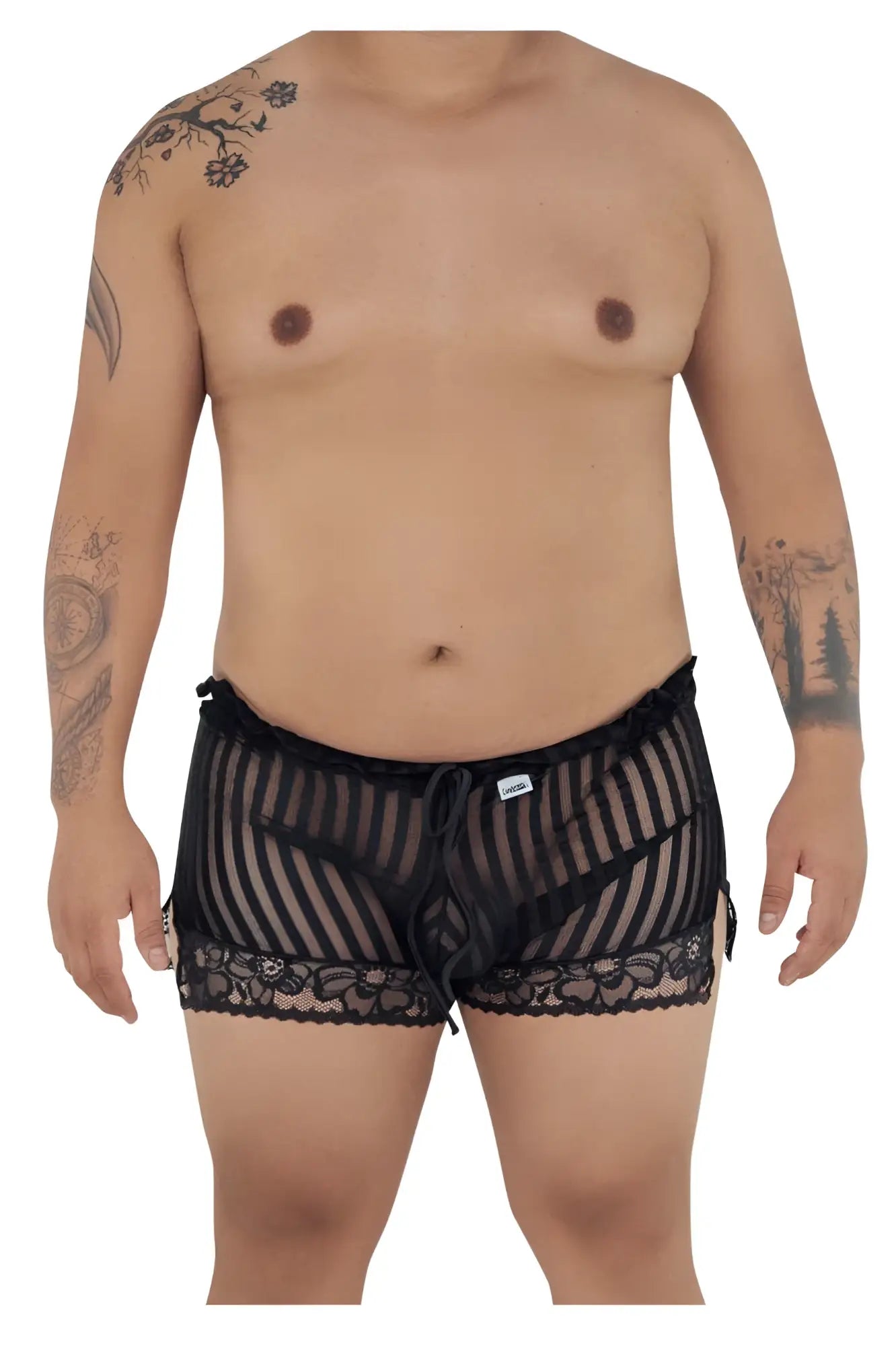 Black sheer striped candyMan 99601X lounge pajama shorts with lace trim for comfortable sleepwear