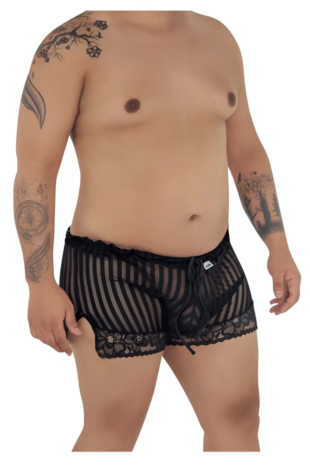 Black sheer striped lace briefs with scalloped hem and floral embroidery from Candyman 99601X lounge pajama shorts