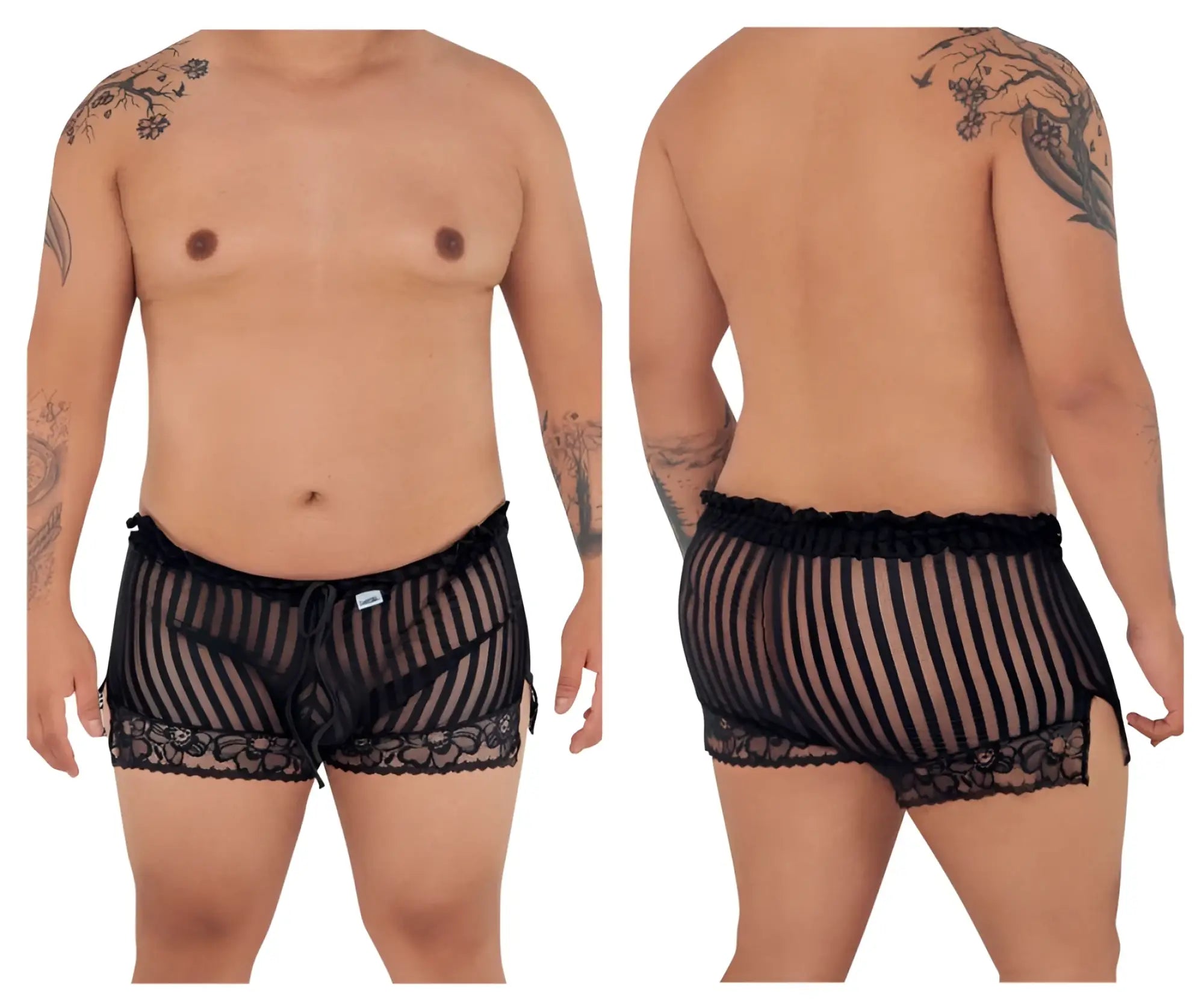 Black sheer striped lace-trimmed mens briefs from candyman 99601x lounge pajama shorts in black color