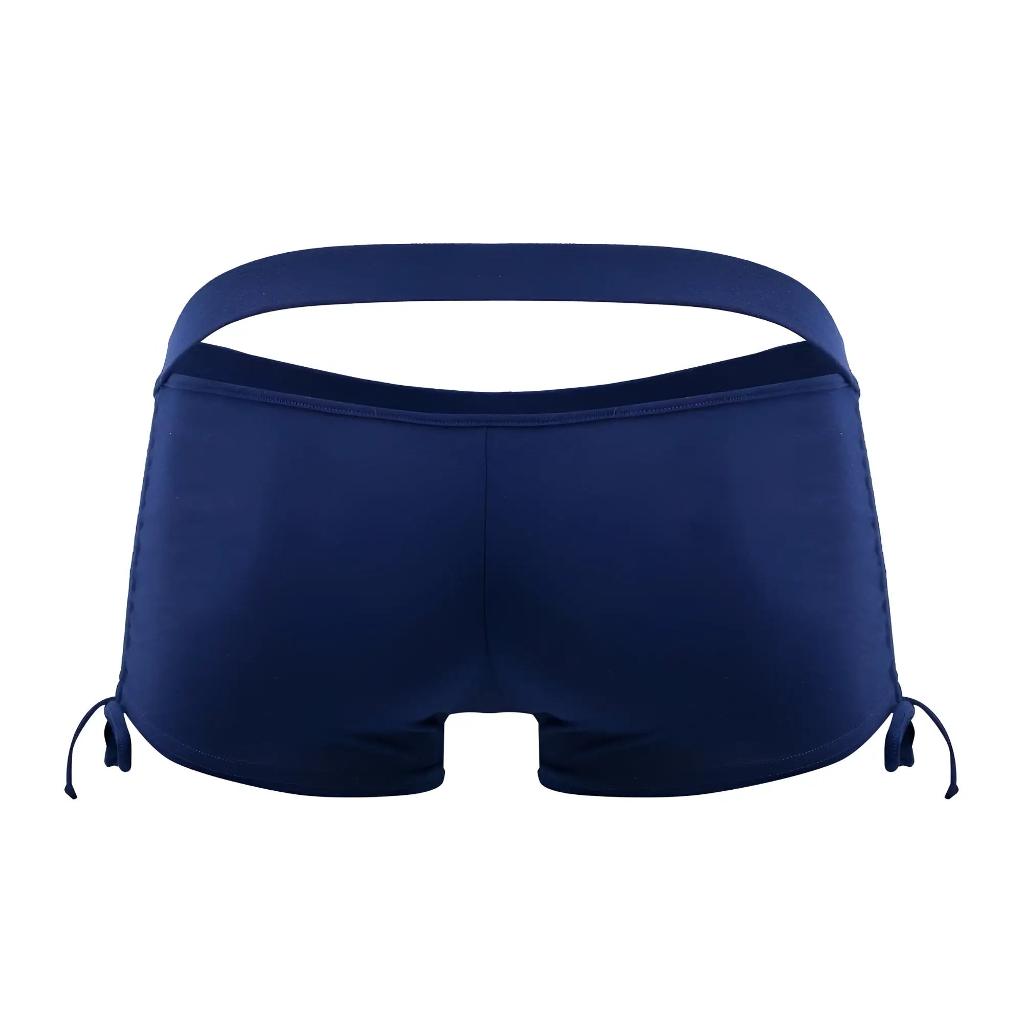 Back side of navy candyMan 99602 lounge pajama shorts with cutout and side ties for comfortable wear