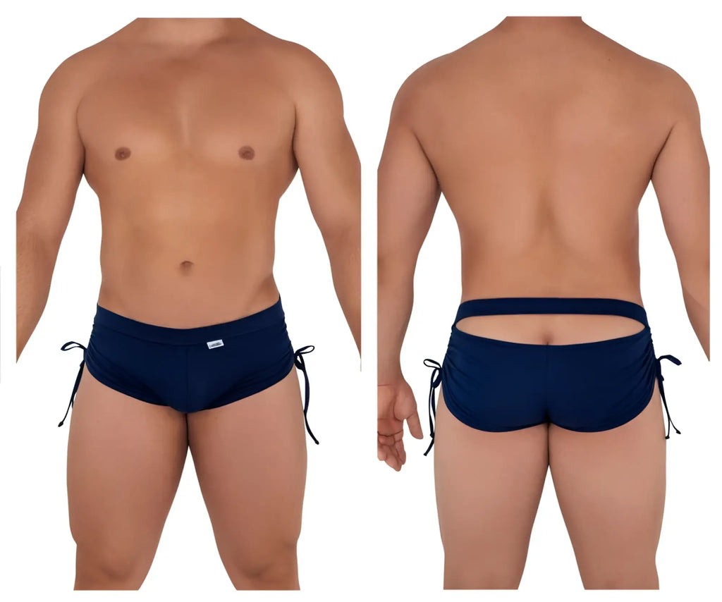 Navy blue candyman 99602 lounge pajama swim trunks with side ties and back cutout design shown from the back