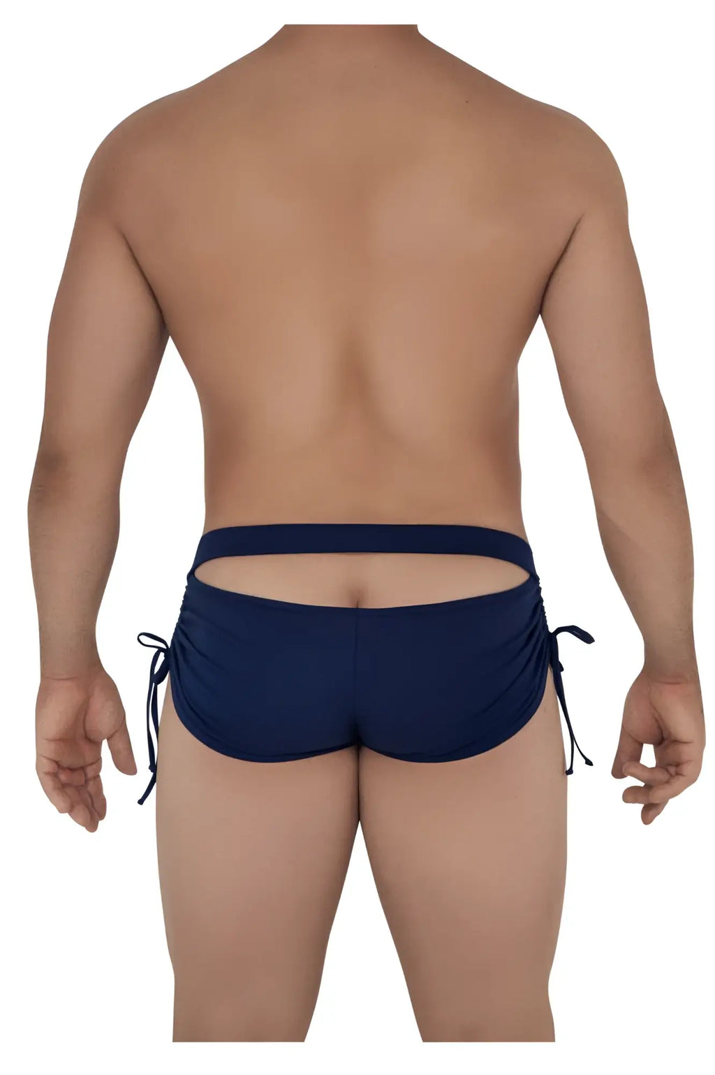 Navy blue CandyMan 99602 lounge pajama shorts with side ties and a back cutout shown from the back side