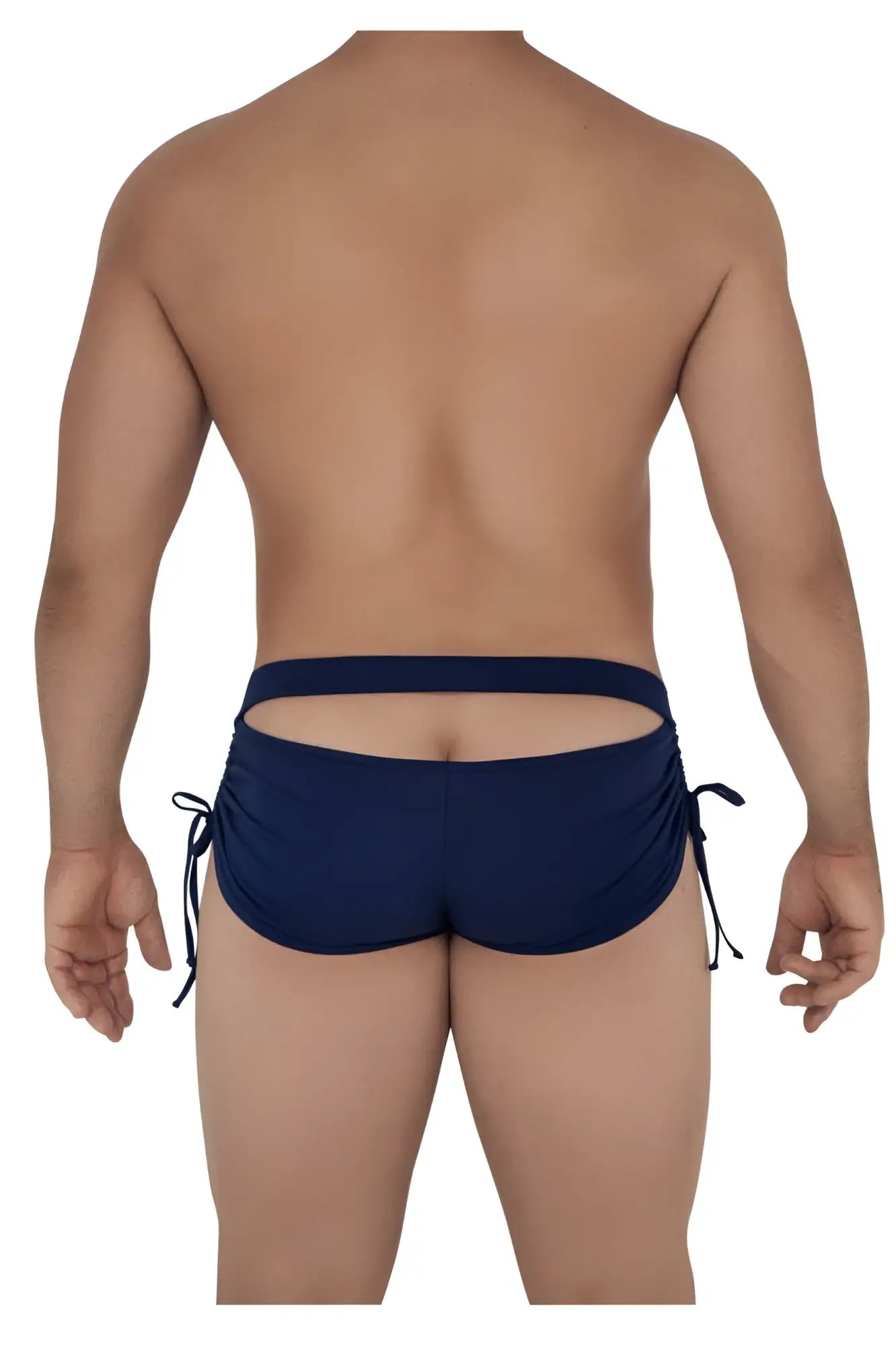 Navy blue CandyMan 99602 lounge pajama shorts with side ties and a back cutout shown from the back side