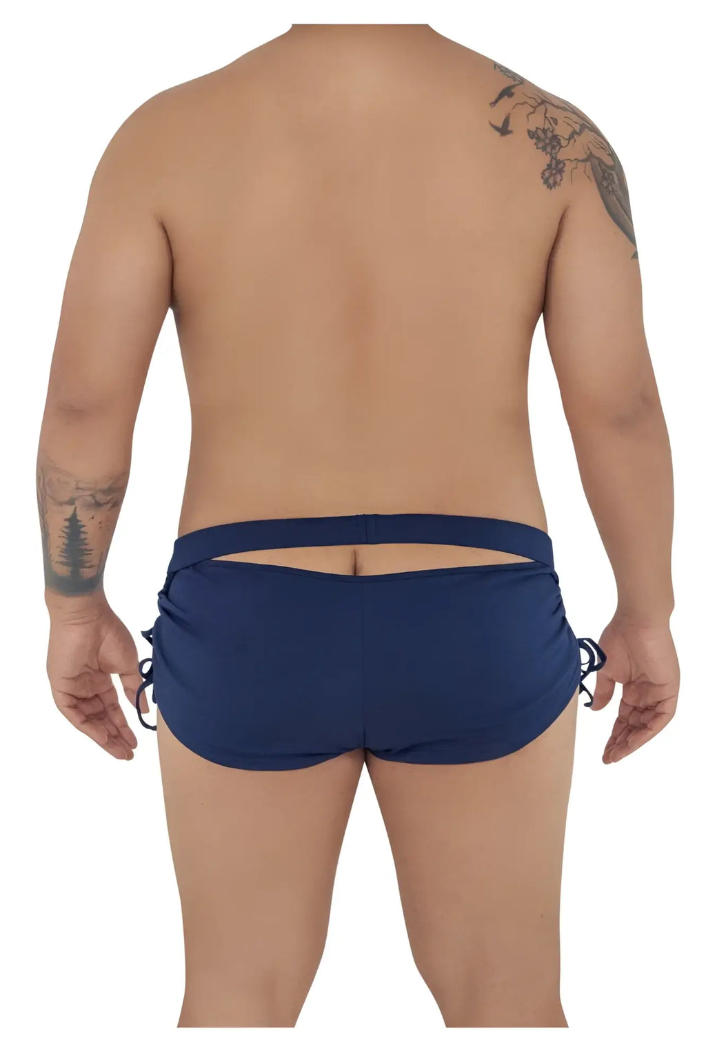 Navy blue Candyman 99602X lounge pajama shorts with side ties and a back cutout shown from the back side