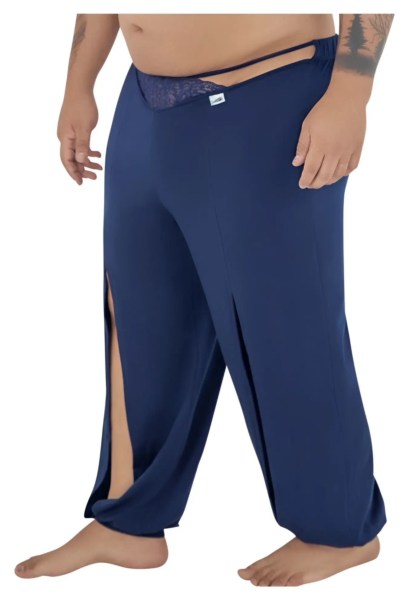 CandyMan 99603X navy lounge pajama pants with wide legs lace trim waistband and side slits for comfort
