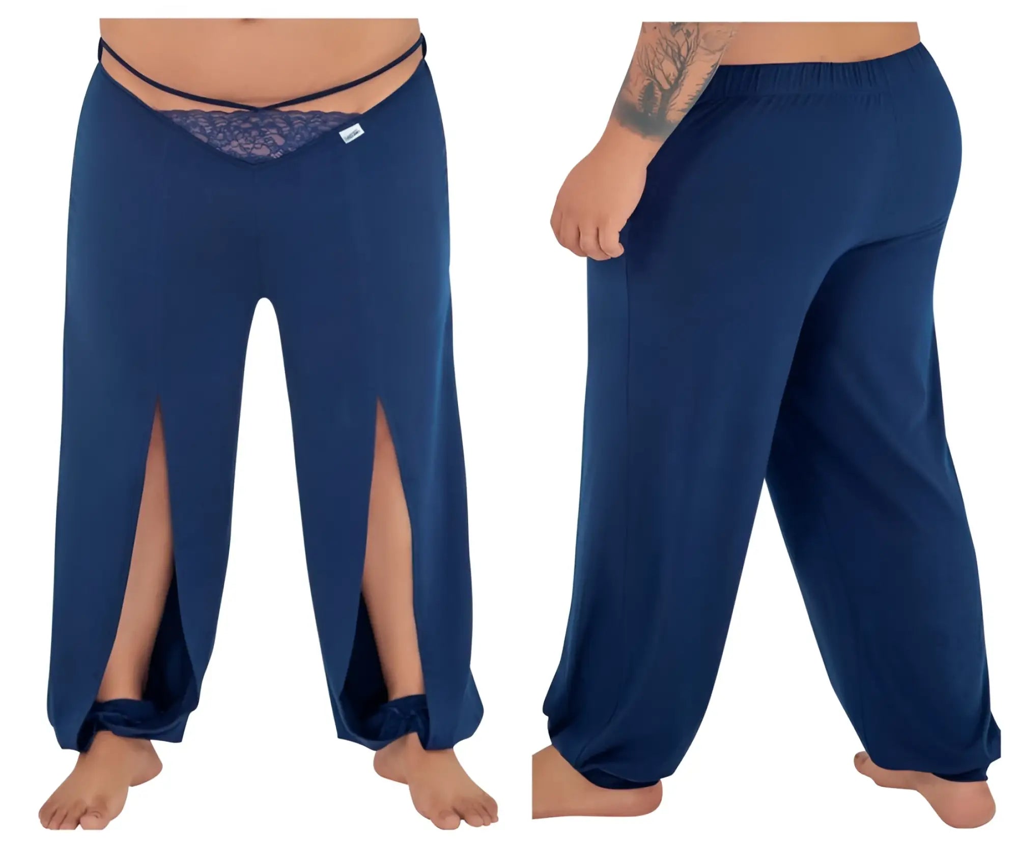 CandyMan 99603X navy wide-leg lounge pajama pants with lace waistband trim and side slits