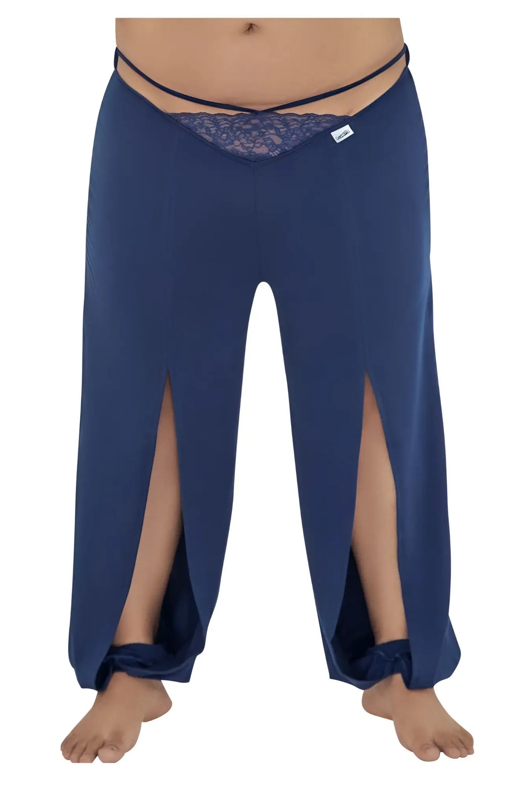 Navy candy man 99603x lounge pajama pants with wide legs lace trim waistband and tied cuffs