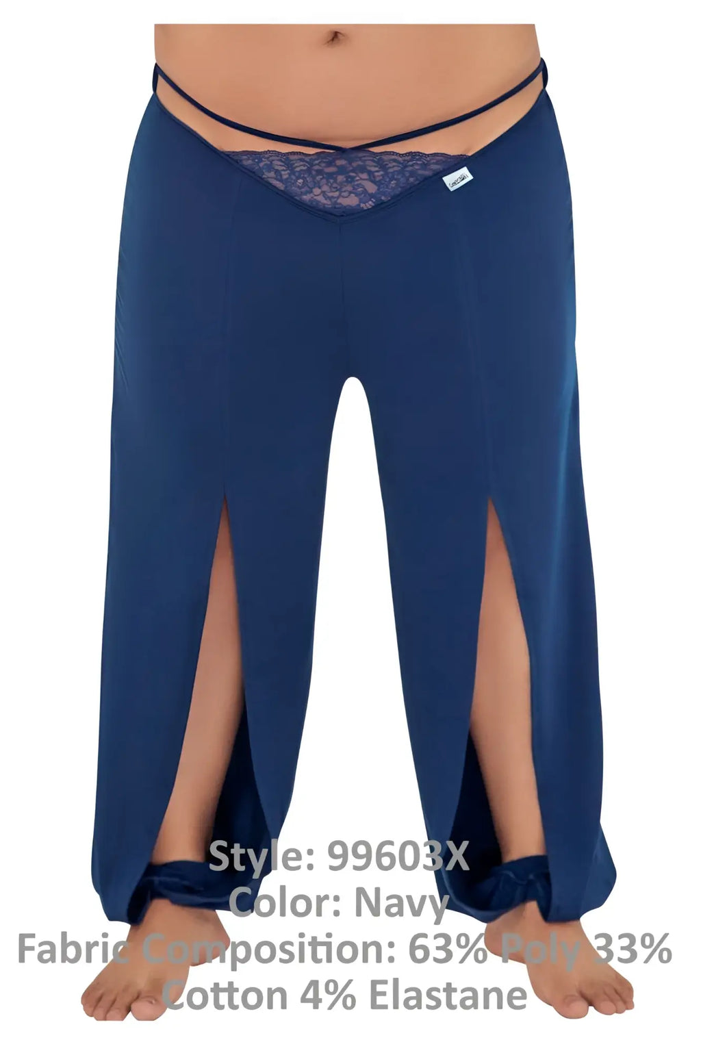 Navy wide-leg CandyMan 99603X lounge pajama pants with lace waistband trim side slits polyester cotton elastane blend