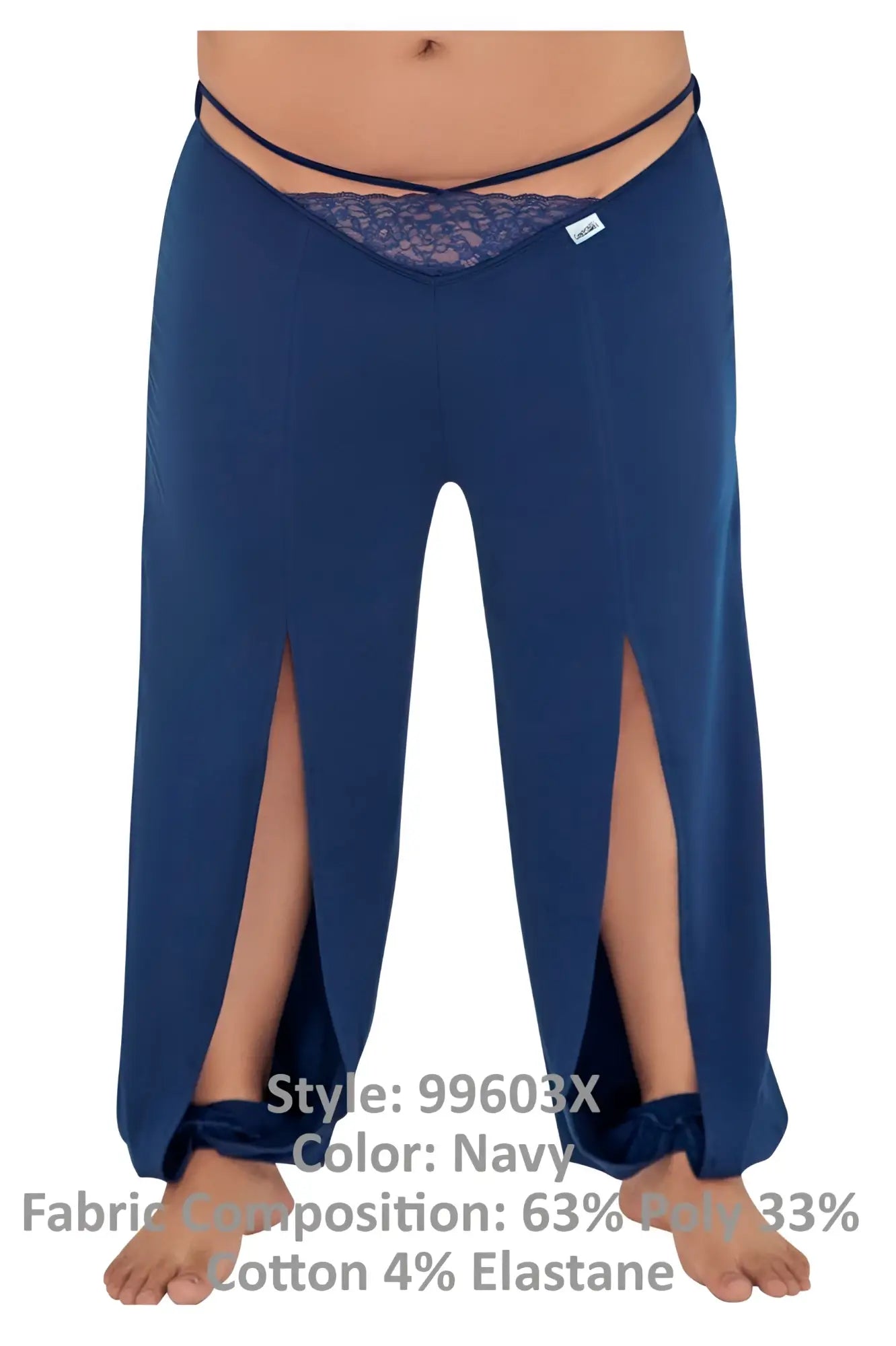 Navy wide-leg CandyMan 99603X lounge pajama pants with lace waistband trim side slits polyester cotton elastane blend