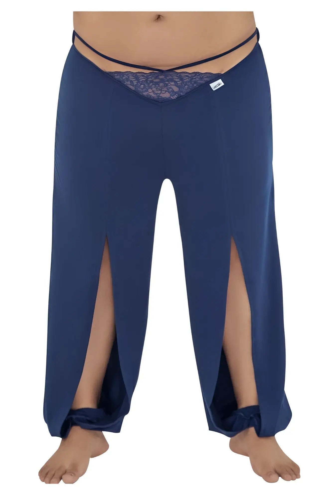 CandyMan 99603X navy lounge pajama pants with wide legs lace trim waistband and tied cuffs