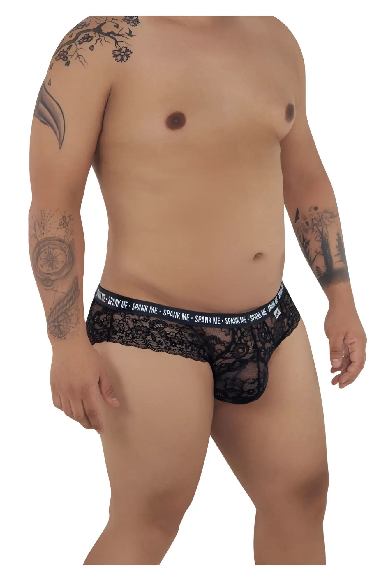 Black lace CandyMan 99615X spank me briefs featuring a bold waistband in black for men