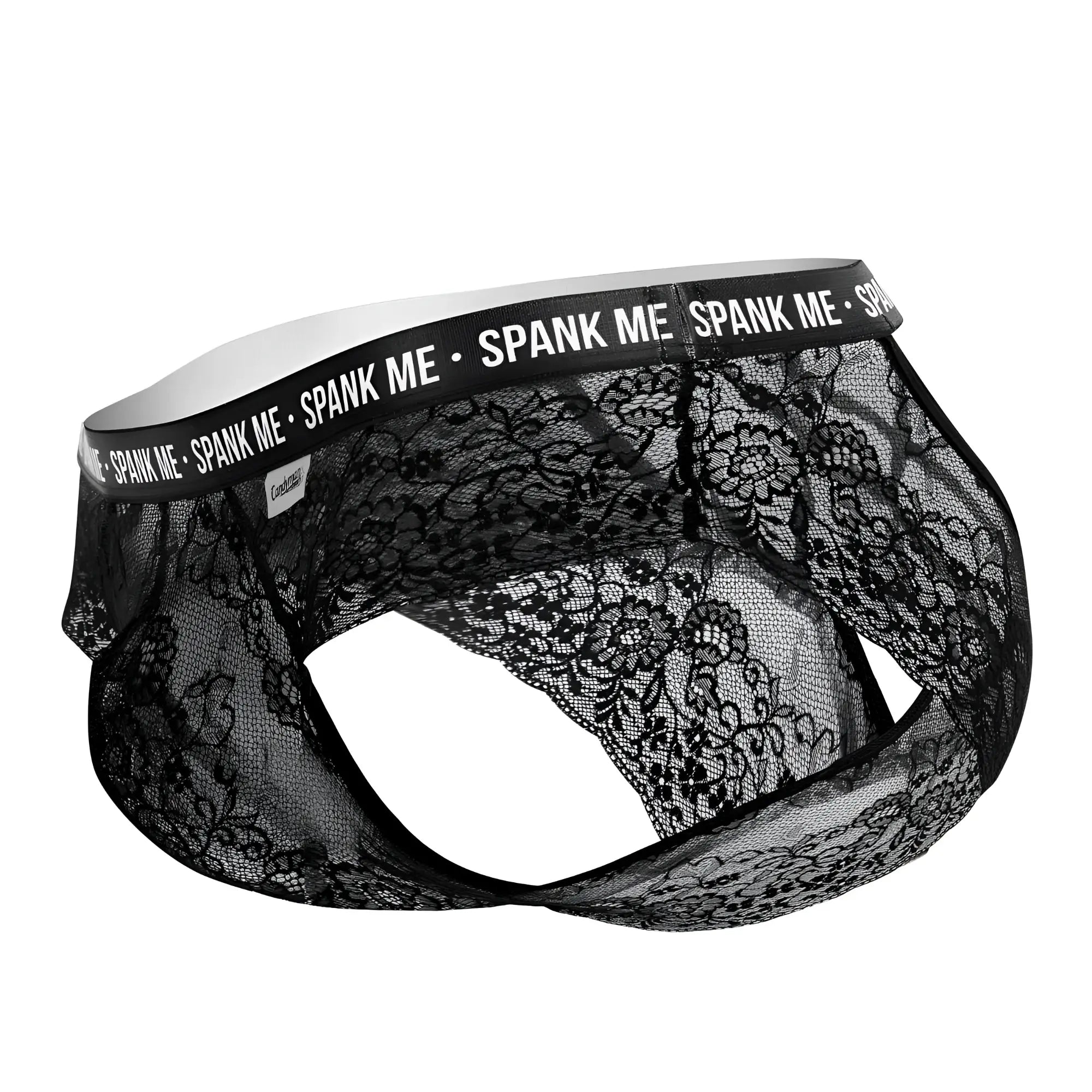 Black lace men’s briefs with spank me branded elastic waistband candyMan 99615X in black color