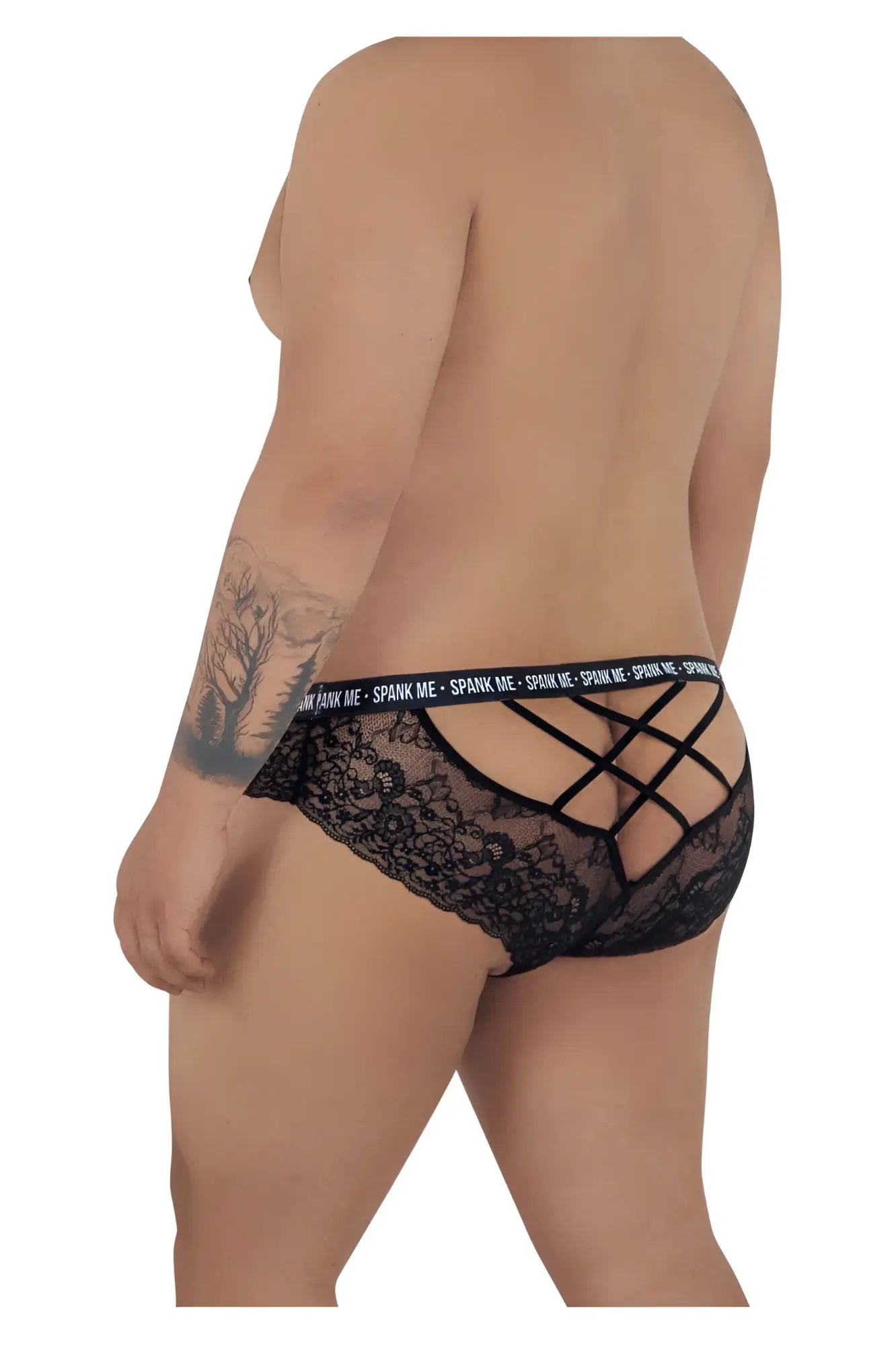 Black lace men’s underwear with crisscross back design and elastic waistband featuring spank me text candyMan 99615X