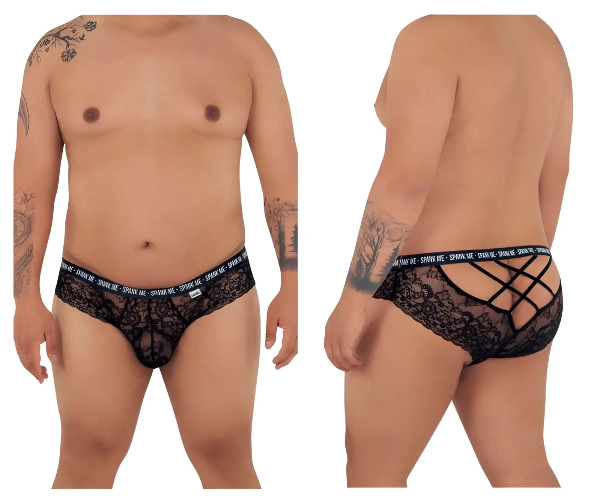 Black lace mens underwear with crisscross back design and spank me branded waistband candyMan 99615X briefs