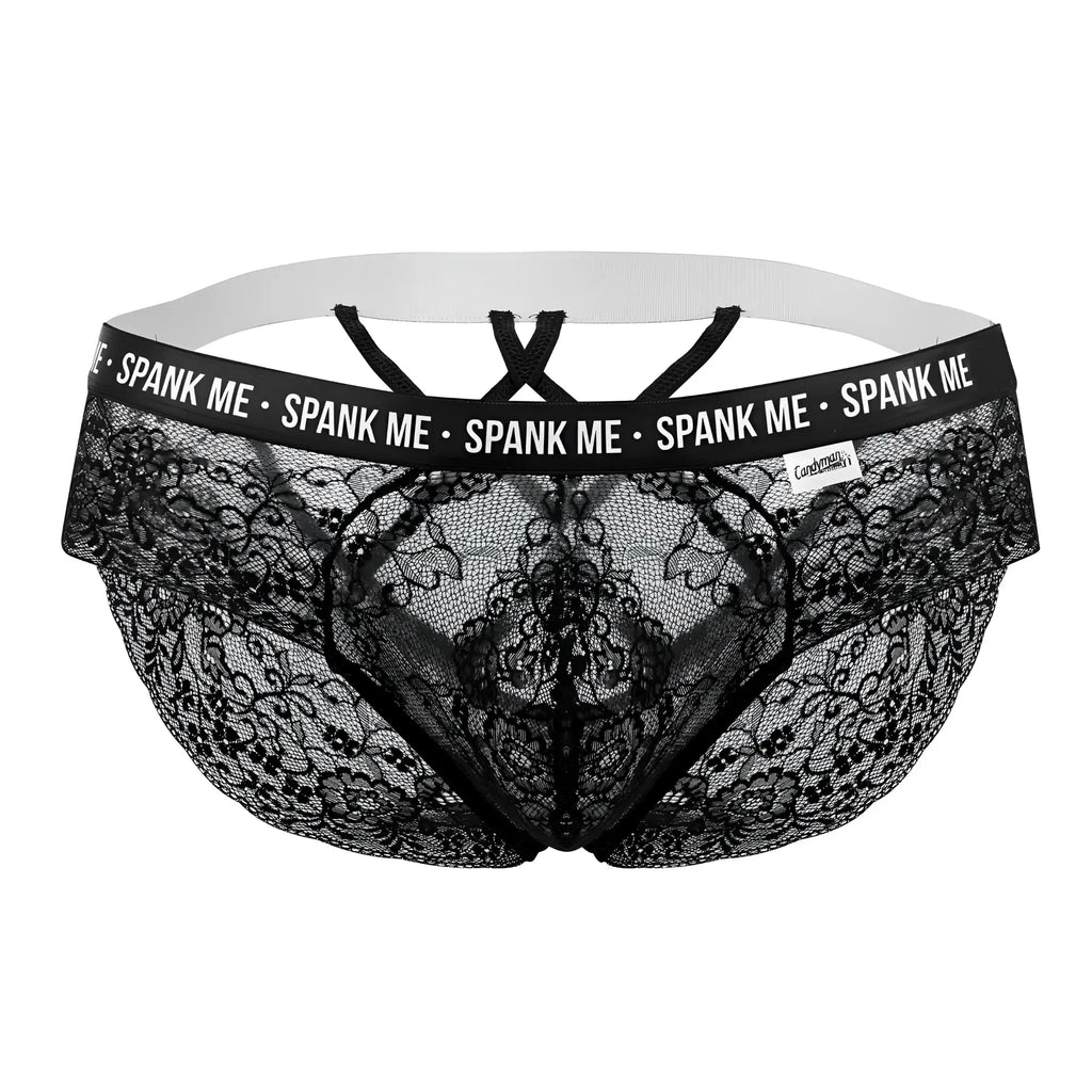 Black lace men’s briefs with white elastic waistband and spank me print in white on the band by candyman
