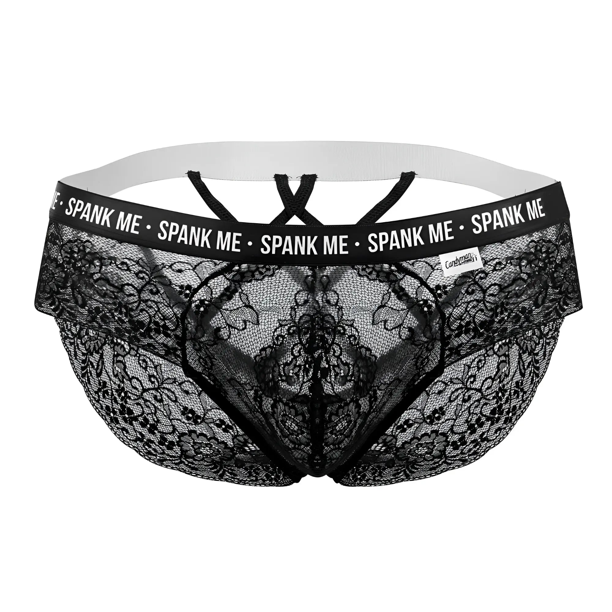 Black lace men’s briefs with white elastic waistband and spank me print in white on the band by candyman
