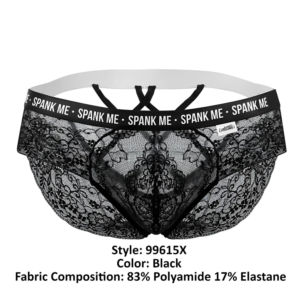 Black lace briefs with white elastic waistband and spank me branding on black trim candyMan 99615X color black