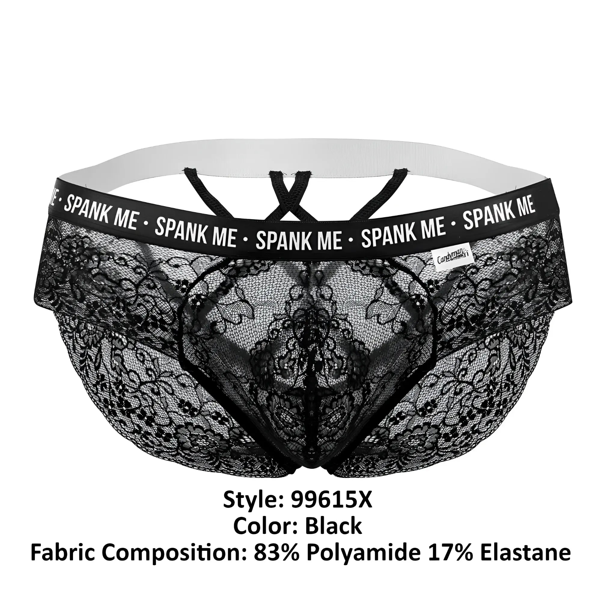 Black lace briefs with white elastic waistband and spank me branding on black trim candyMan 99615X color black