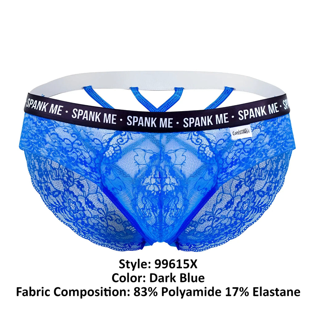 Dark blue candy man 99615x spank me lace briefs with white elastic waistband and branded band for men