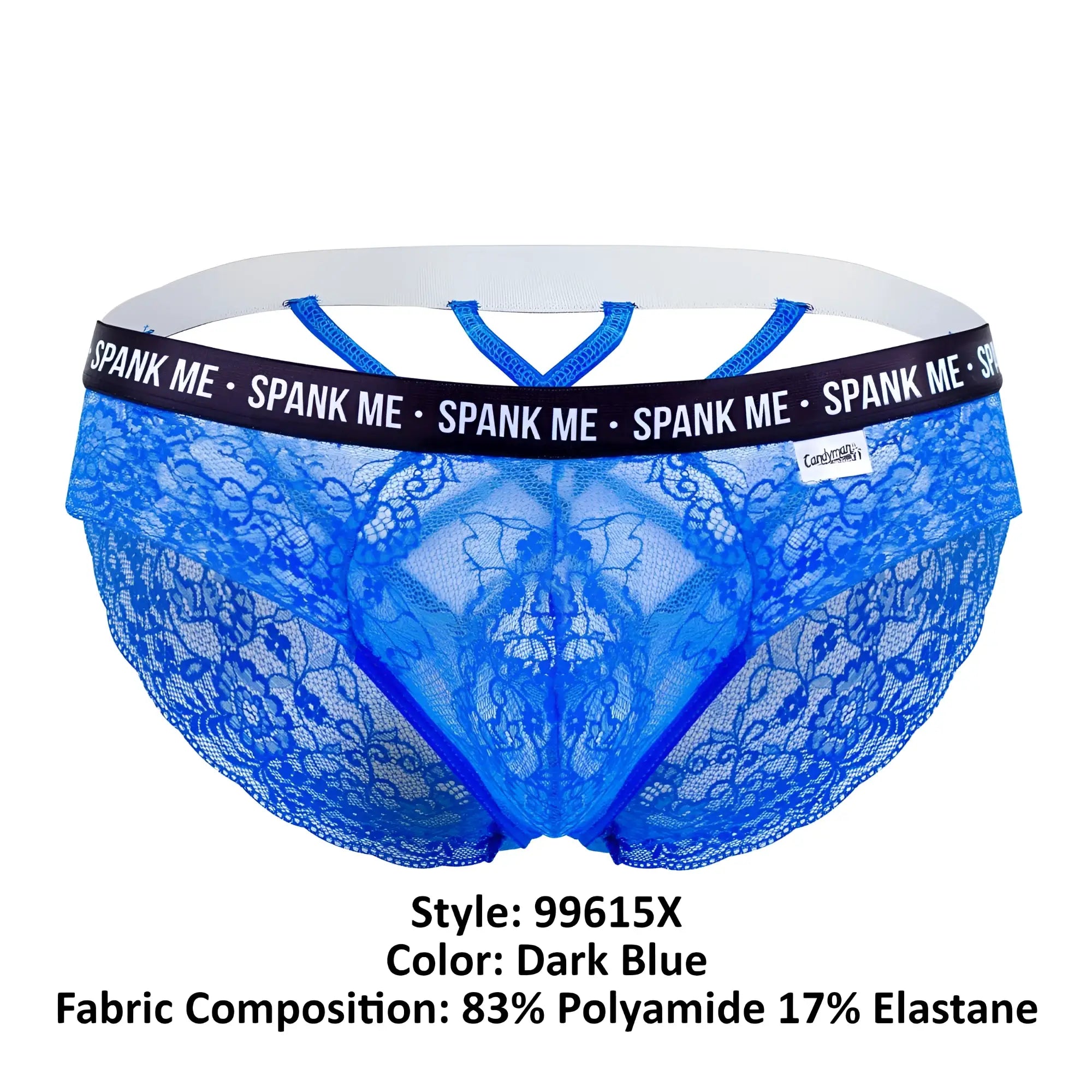 Dark blue candy man 99615x spank me lace briefs with white elastic waistband and branded band for men