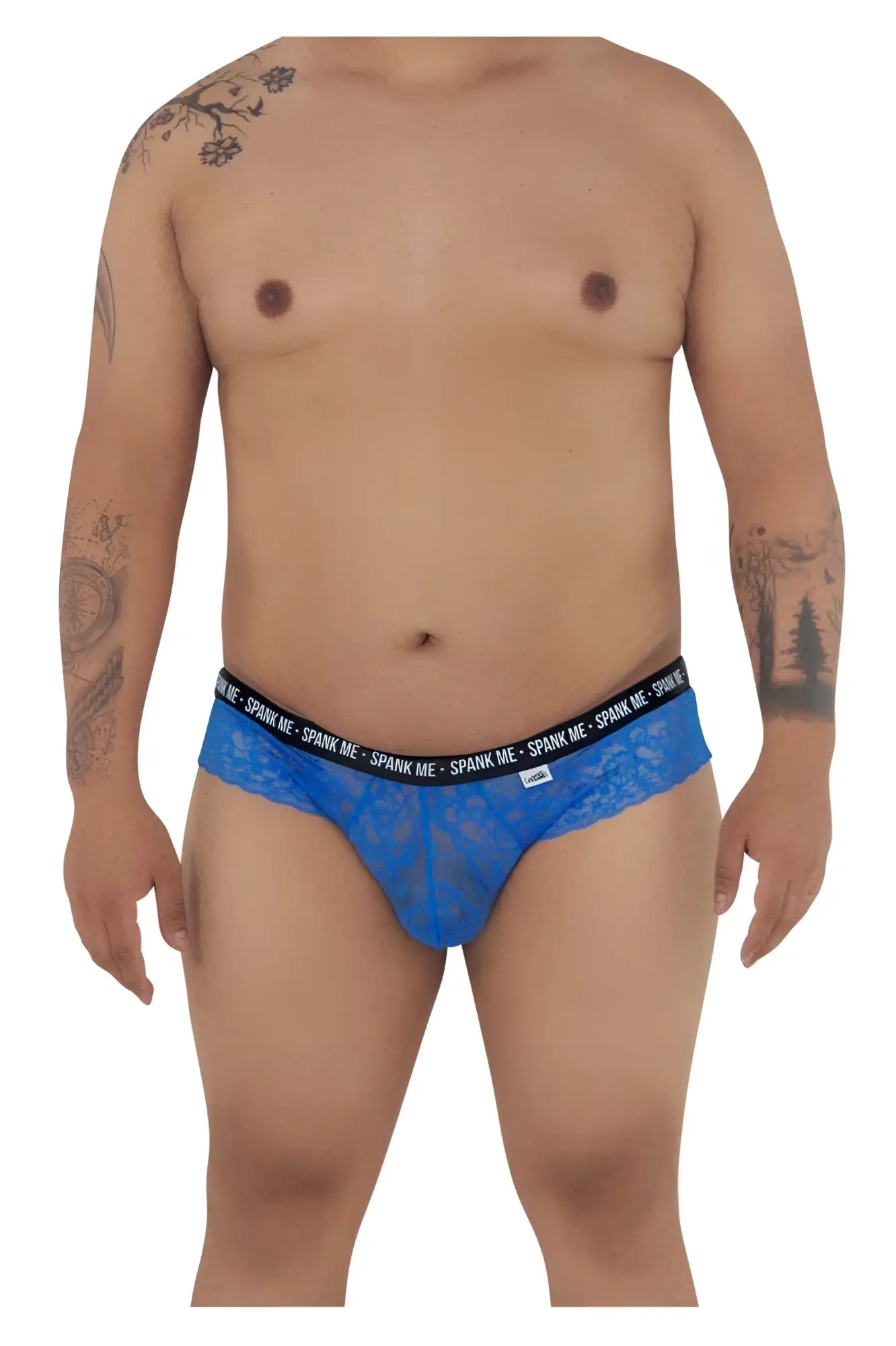 Dark blue candyman 99615x spank me lace briefs for men with black elastic waistband and spank me logo