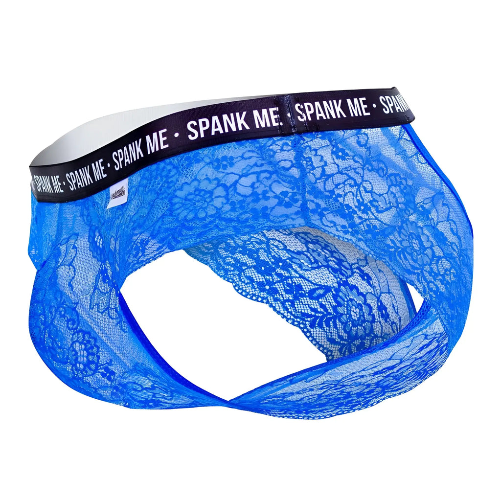 CandyMan 99615X dark blue lace men’s briefs with black waistband featuring spank me text