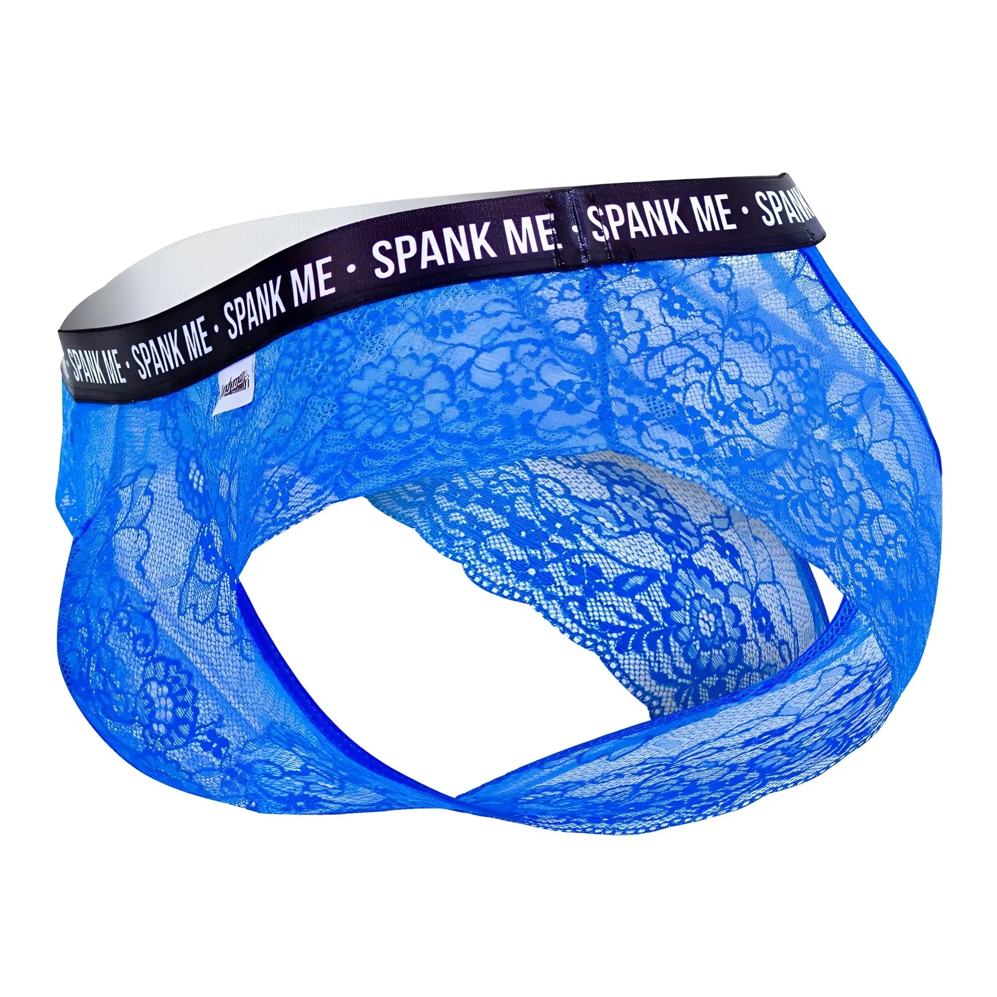 CandyMan 99615X dark blue lace men’s briefs with black waistband featuring spank me text