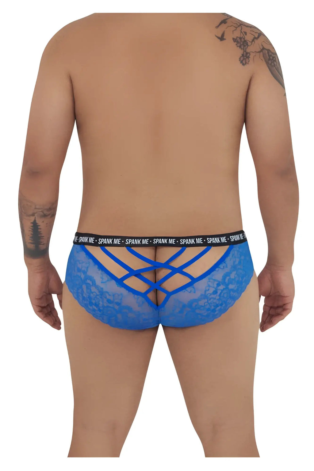 Back view of dark blue candyman 99615x spank me lace briefs with crisscross design and black elastic logo waistband