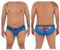 Back view of dark blue candyman 99615x spank me lace briefs with crisscross design and black branded elastic waistband