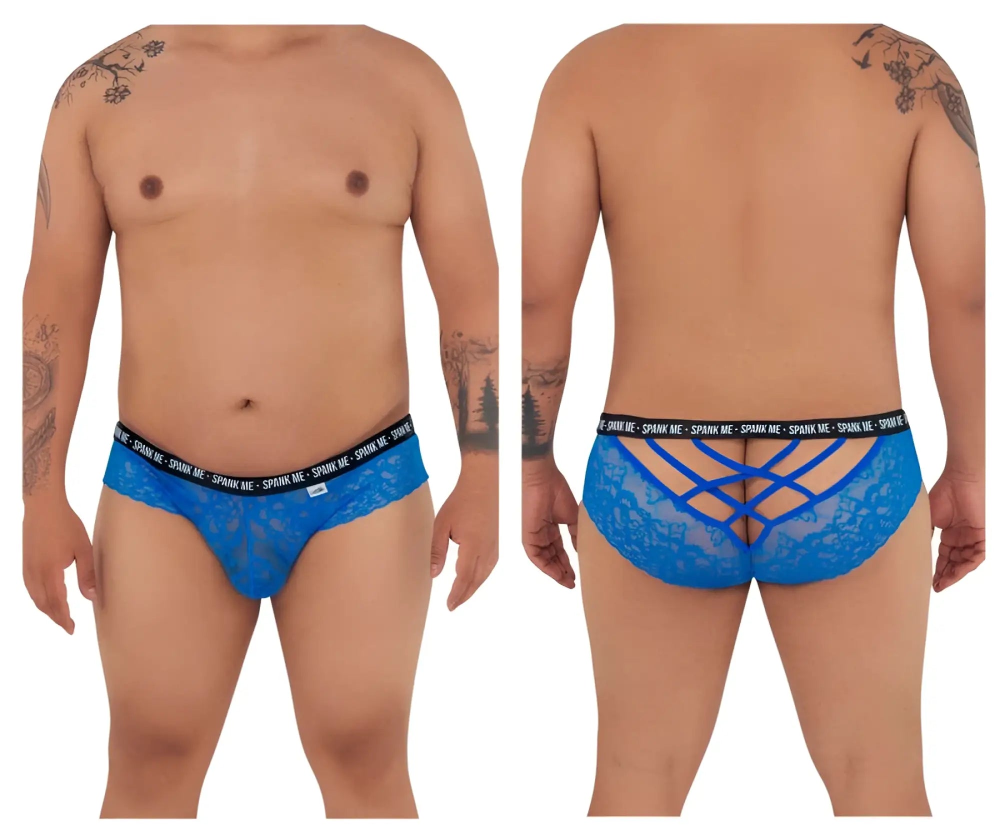 Back view of dark blue candyman 99615x spank me lace men’s briefs with crisscross design and black elastic waistband