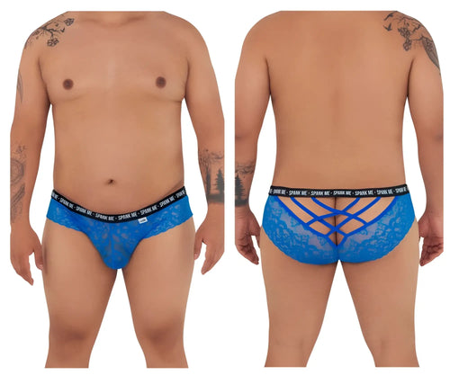 Back view of dark blue candyman 99615x spank me lace men’s briefs with crisscross design and black elastic waistband