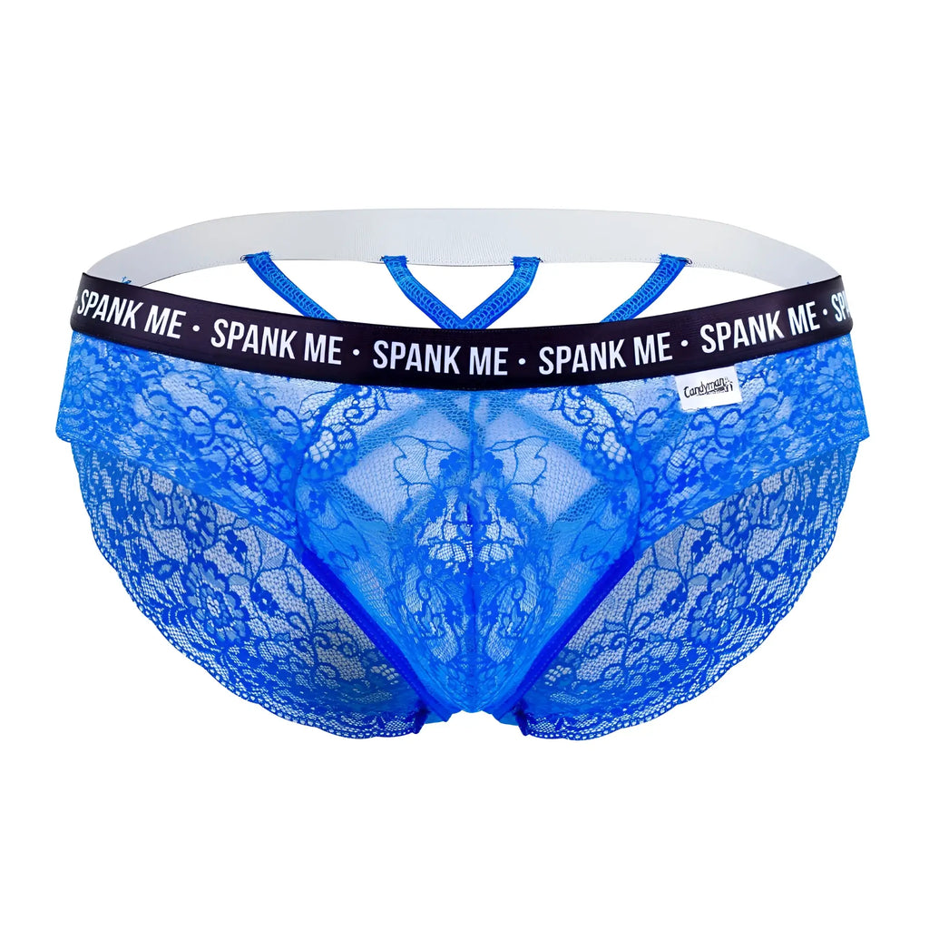 Blue lace men’s briefs with white elastic waistband black trim and spank me branding candyMan 99615X dark blue