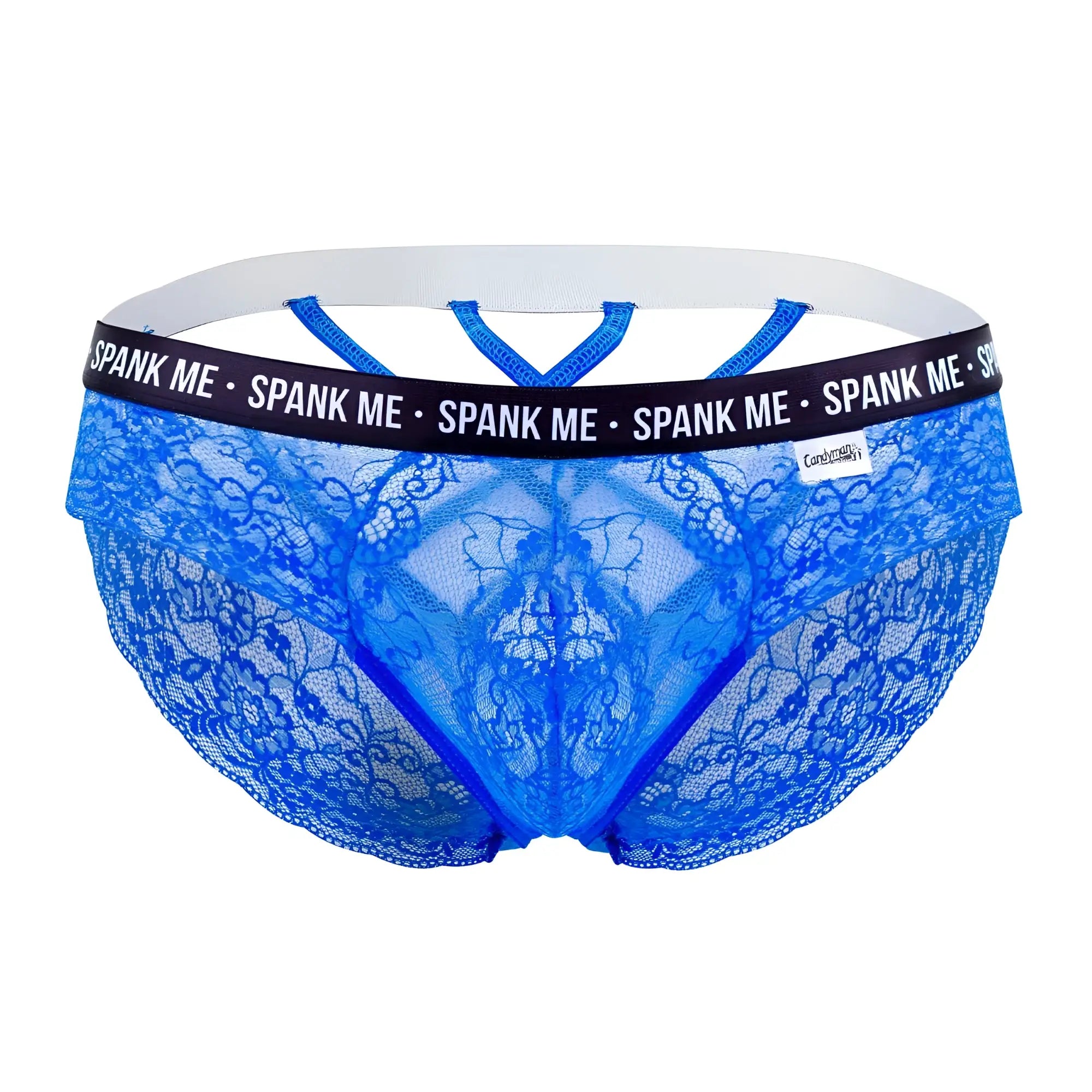 Blue lace men’s briefs with white elastic waistband black trim and spank me branding candyMan 99615X dark blue
