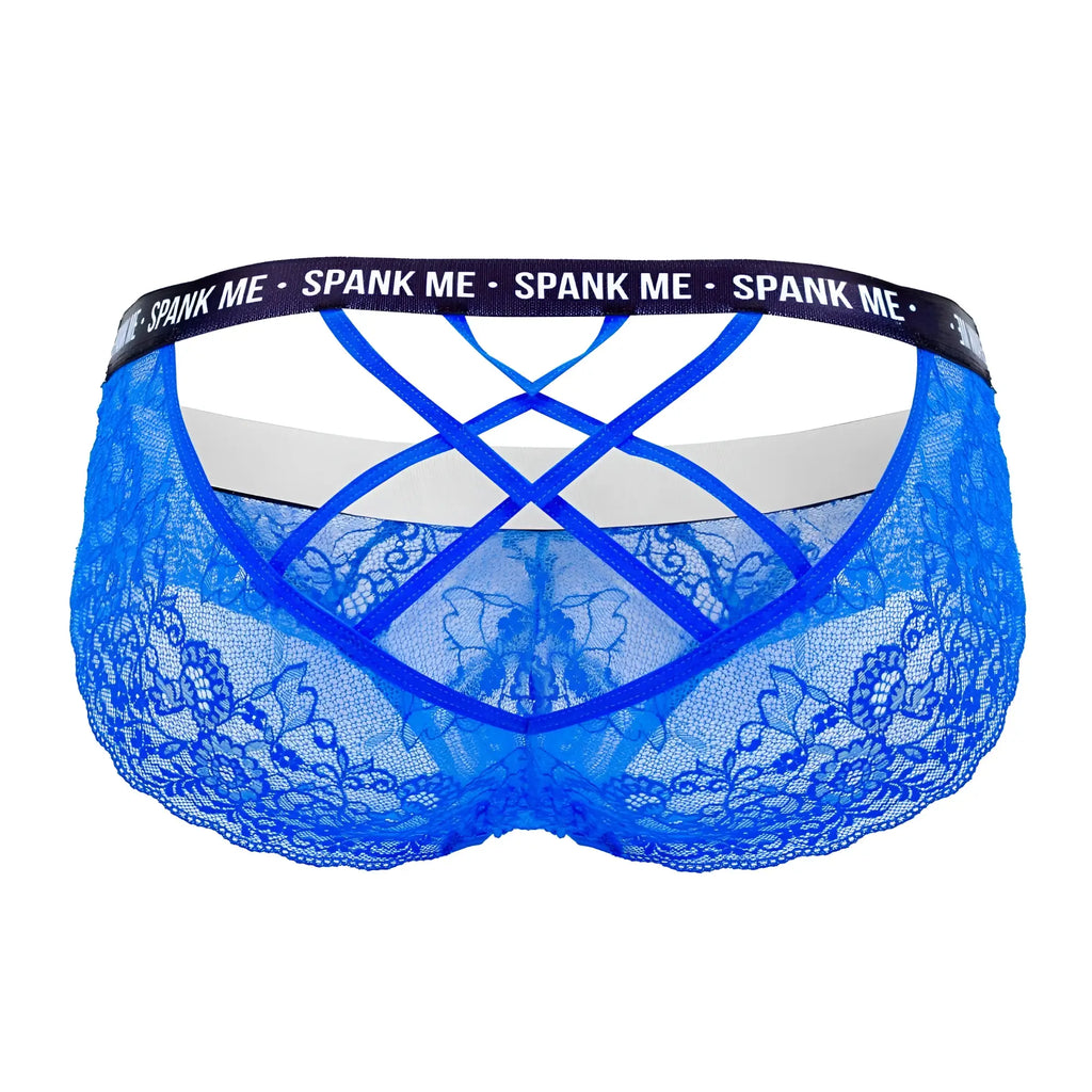 Blue lace thong briefs by candyman with crisscross back design and black waistband featuring spank me logo in dark blue