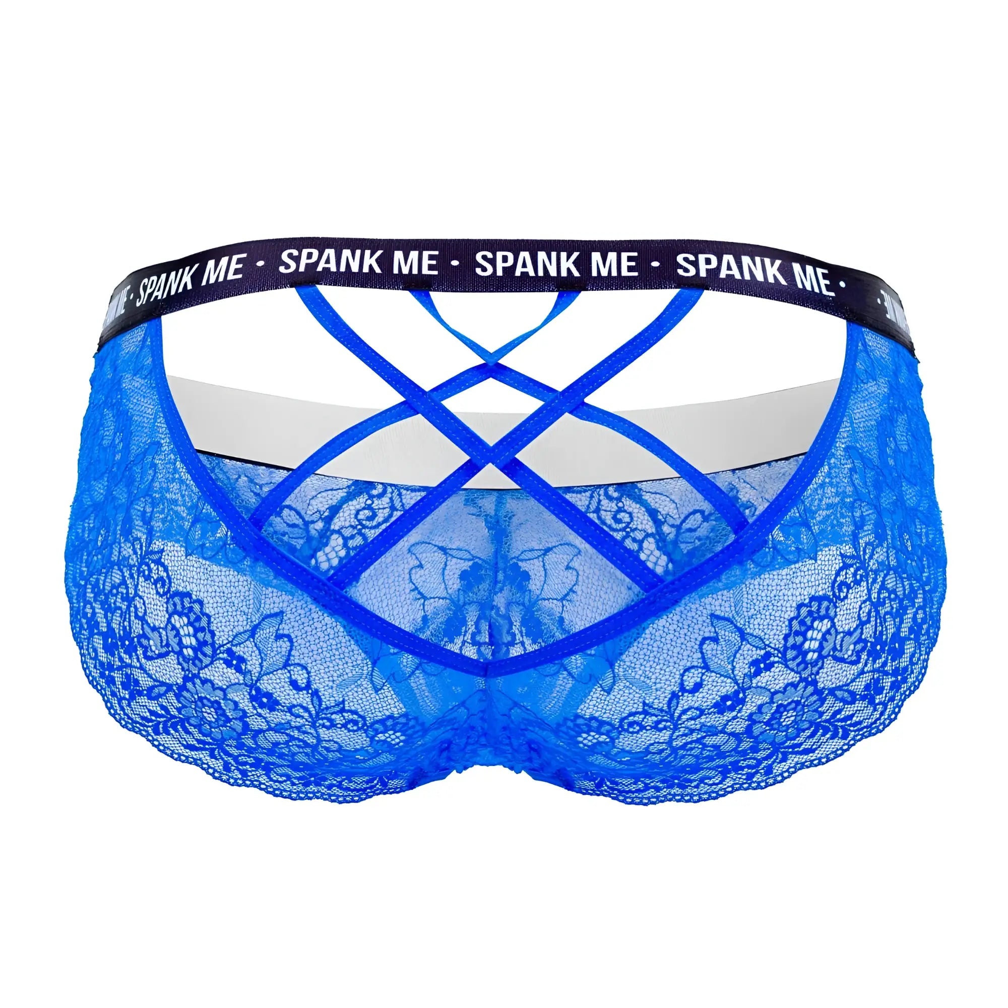 Back view of candyman 99615x spank me lace briefs in dark blue with crisscross thong design and black waistband logo