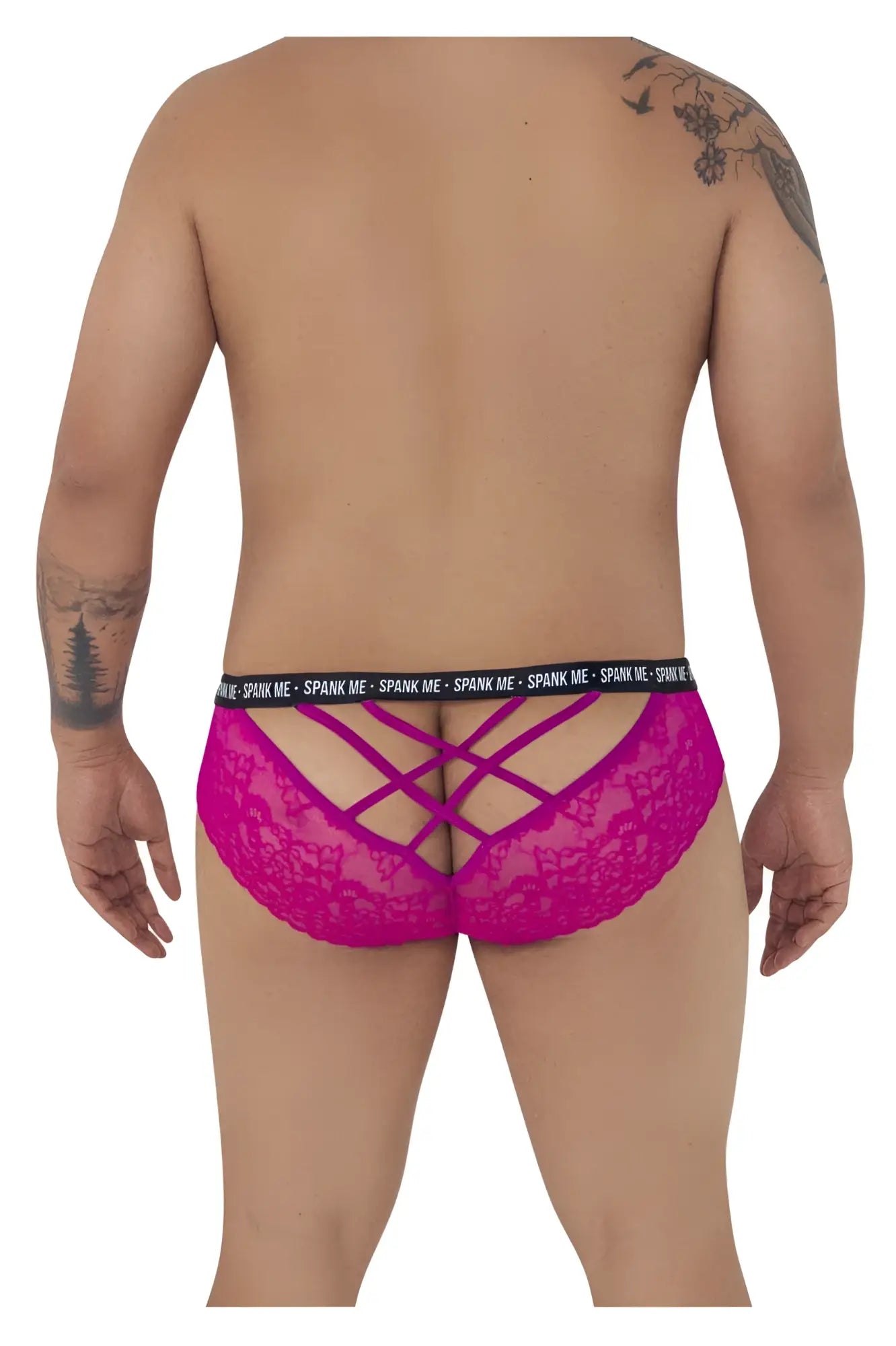 Back view of fuchsia candyMan 99615X spank me lace briefs with crisscross design and black elastic waistband