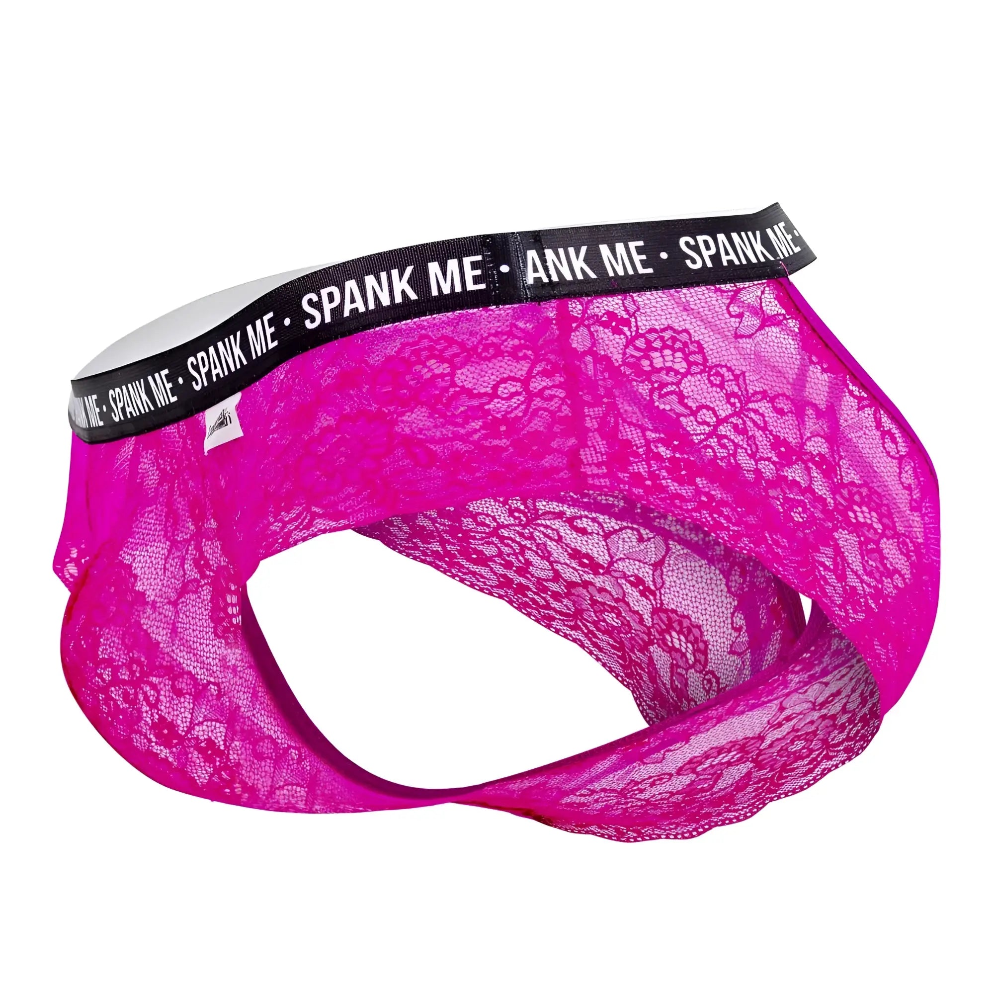Fuchsia lace men’s briefs with black elastic waistband and spank me logo candy man 99615x lace pink briefs