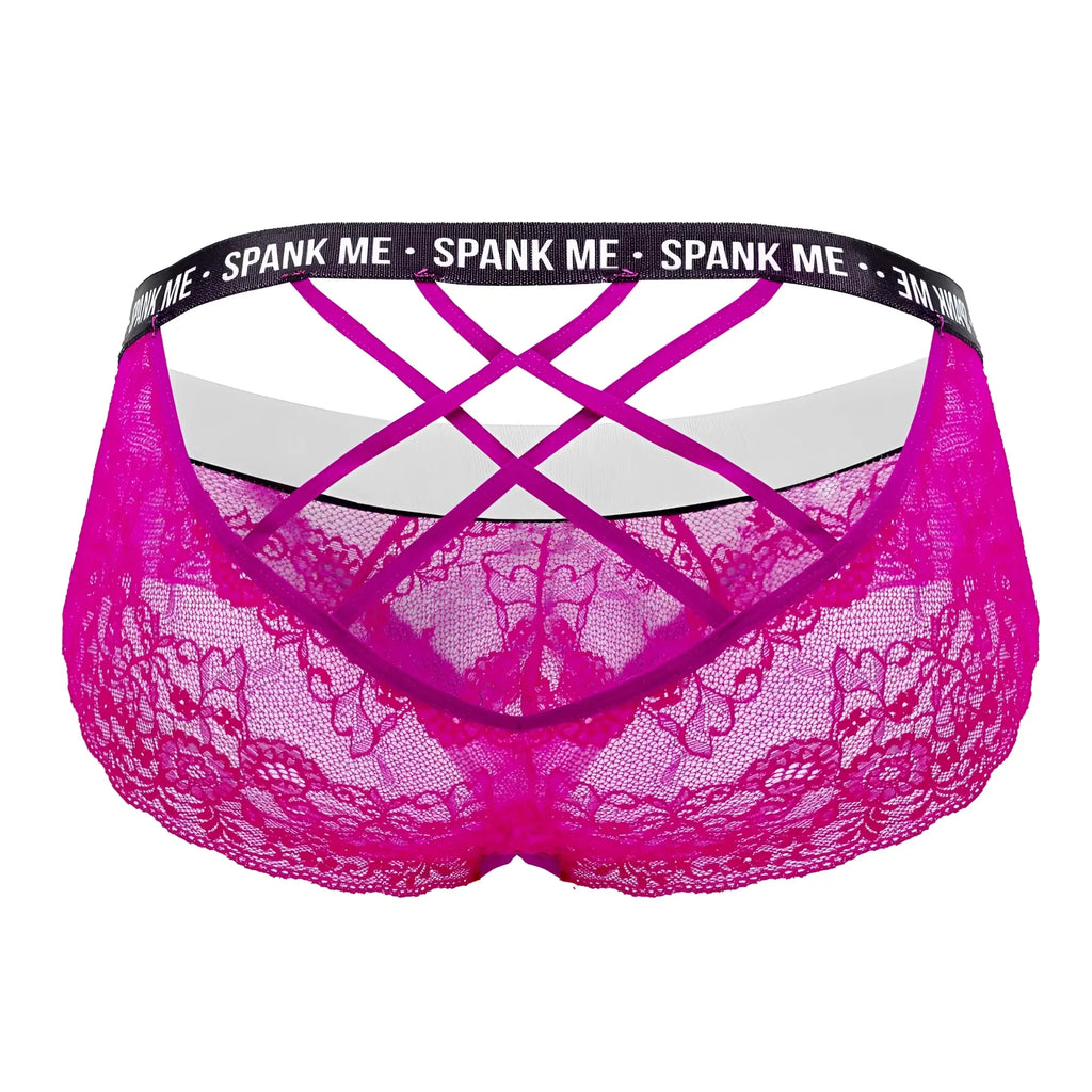 Back view of candyman 99615x spank me lace briefs in fuchsia with crisscross straps and black waistband text