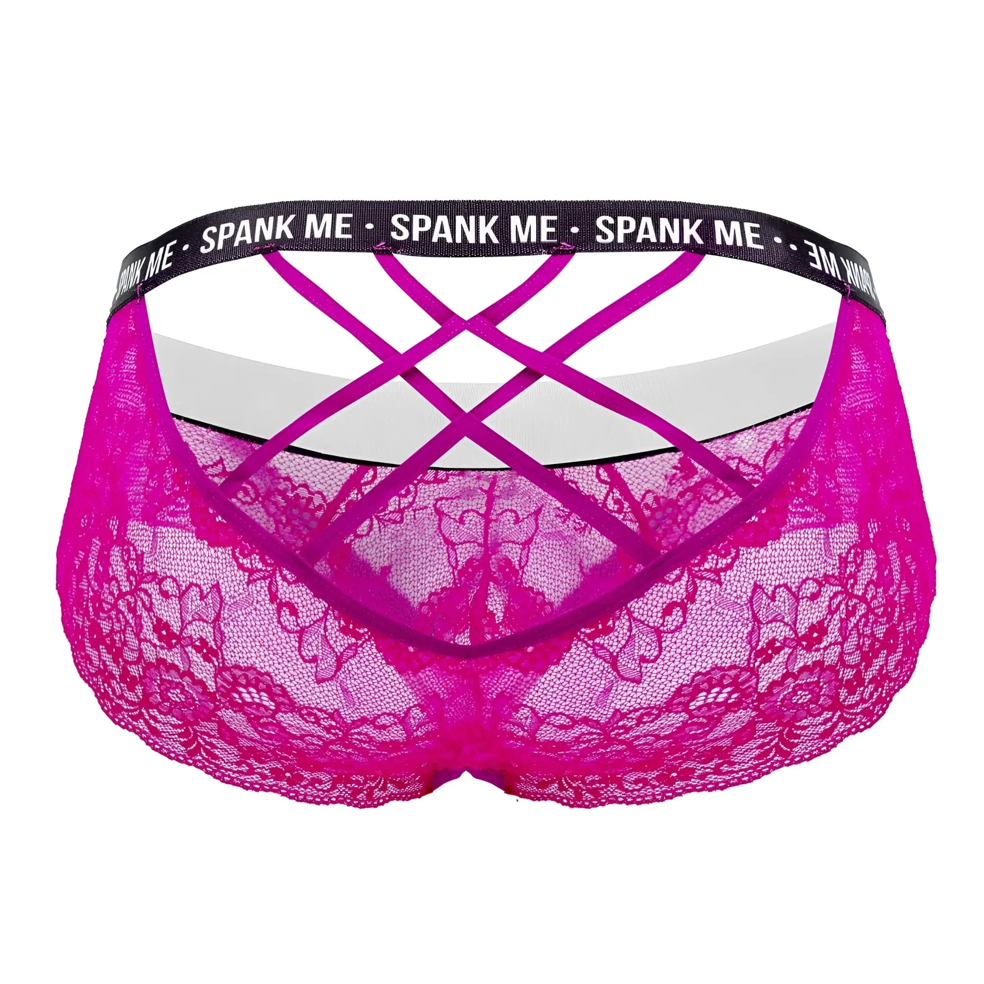 Back view of candyman 99615x spank me lace briefs in fuchsia with crisscross straps and black waistband text