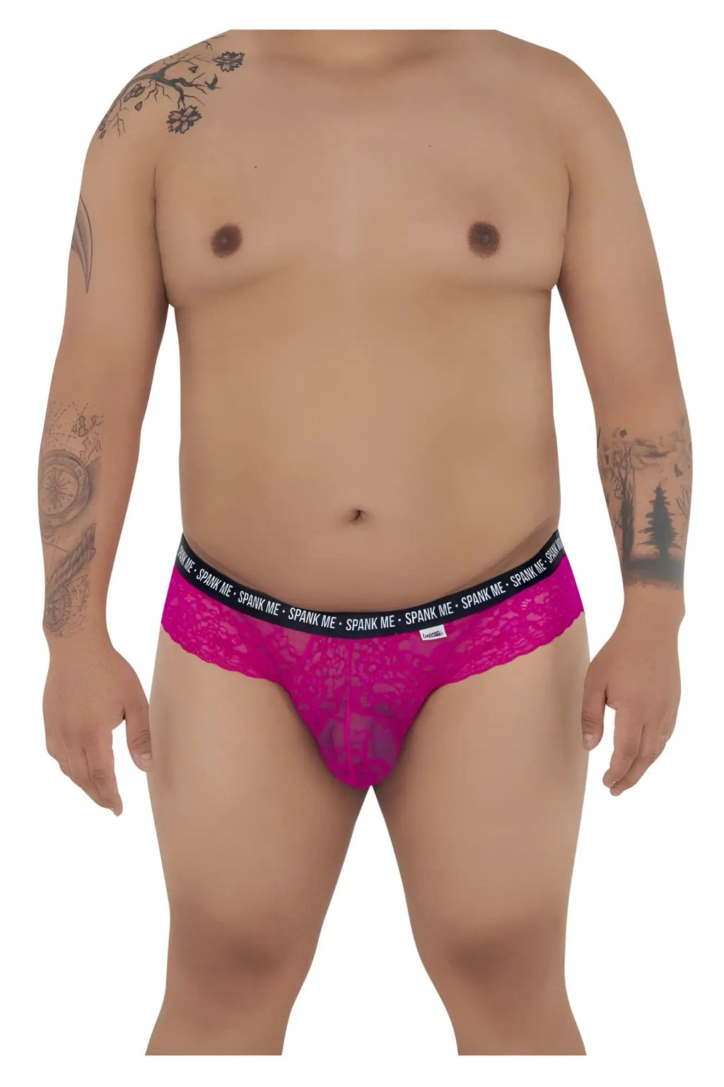 Vibrant fuchsia lace thong with black elastic waistband featuring the spank me logo from Candyman 99615X collection