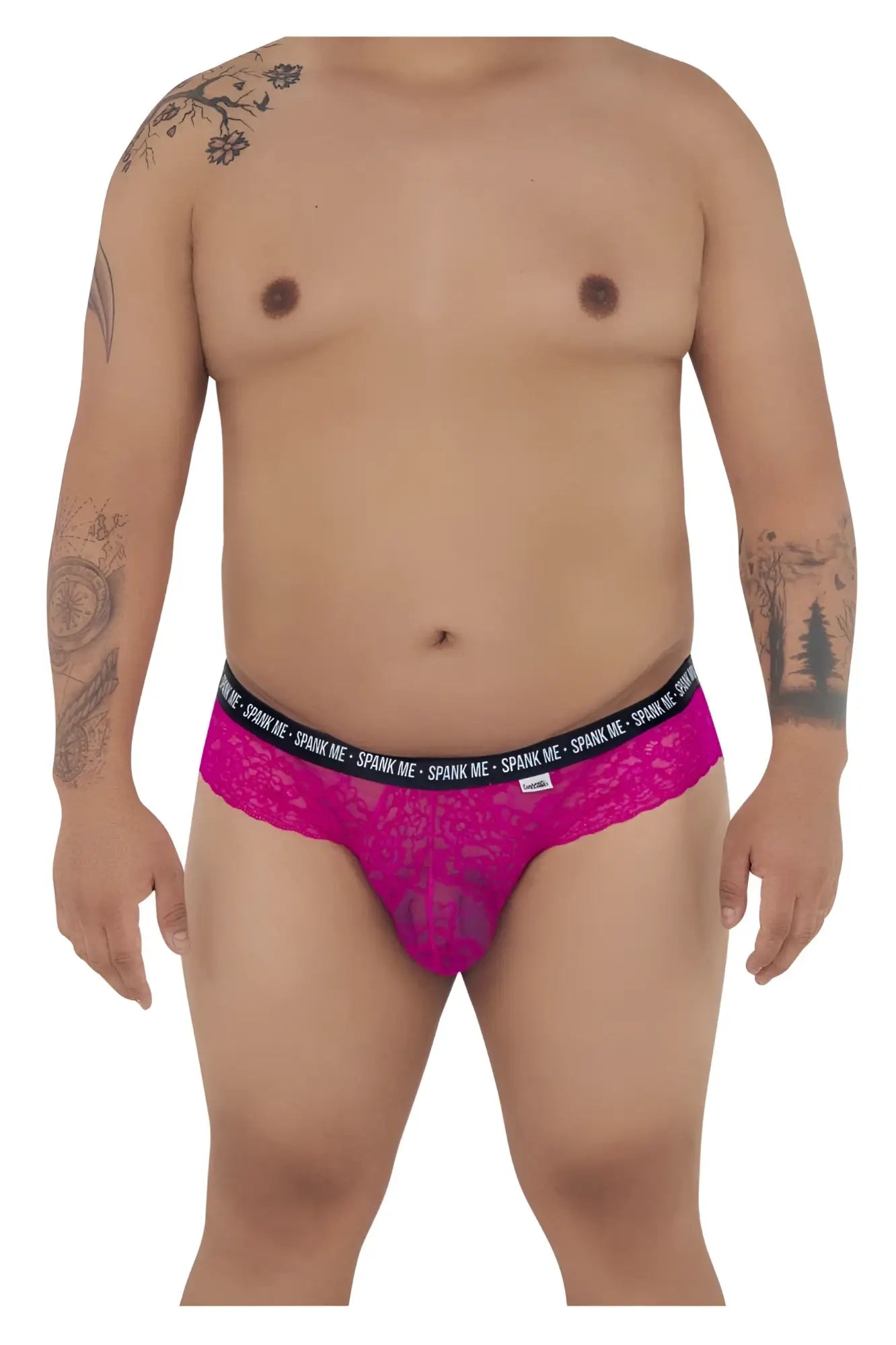 Vibrant fuchsia lace thong with black elastic waistband featuring the spank me logo from Candyman 99615X collection