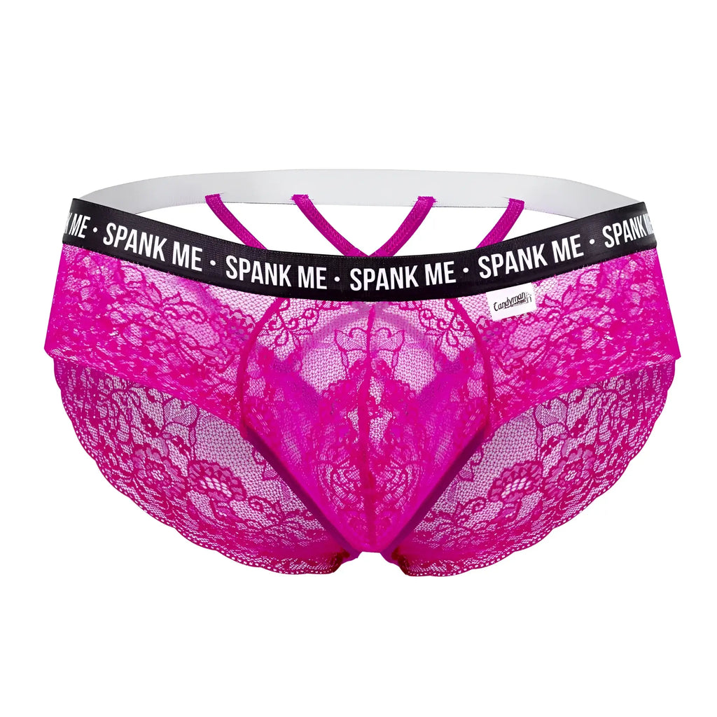 Vibrant fuchsia lace thong with black elastic waistband spank me text and white crisscross straps candy man 99615x pink