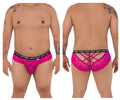 Vibrant pink lace men’s briefs with black elastic waistband featuring spank me text from candyman 99615x collection