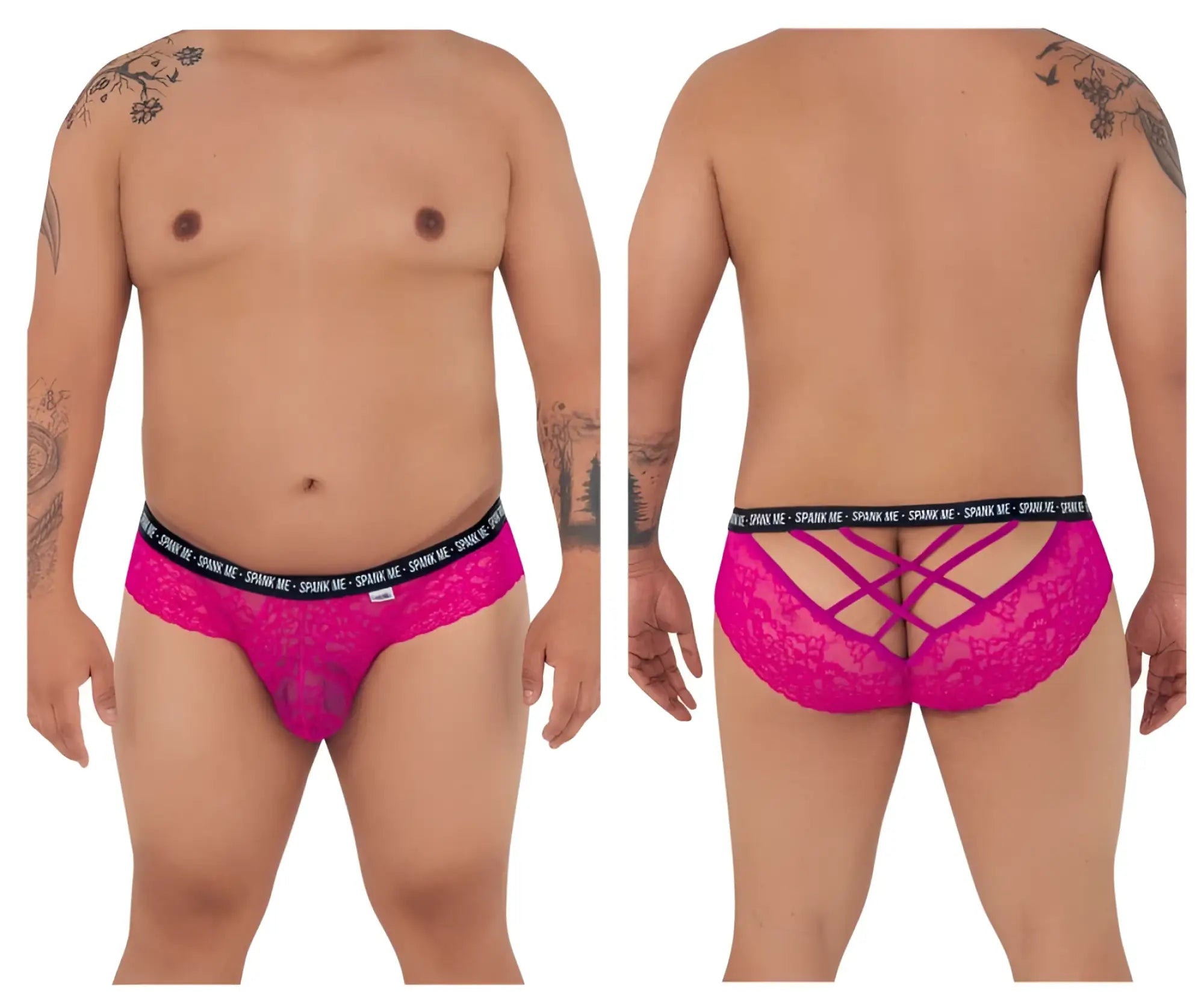 Vibrant pink lace men’s briefs with black elastic waistband featuring spank me text from candyman 99615x collection