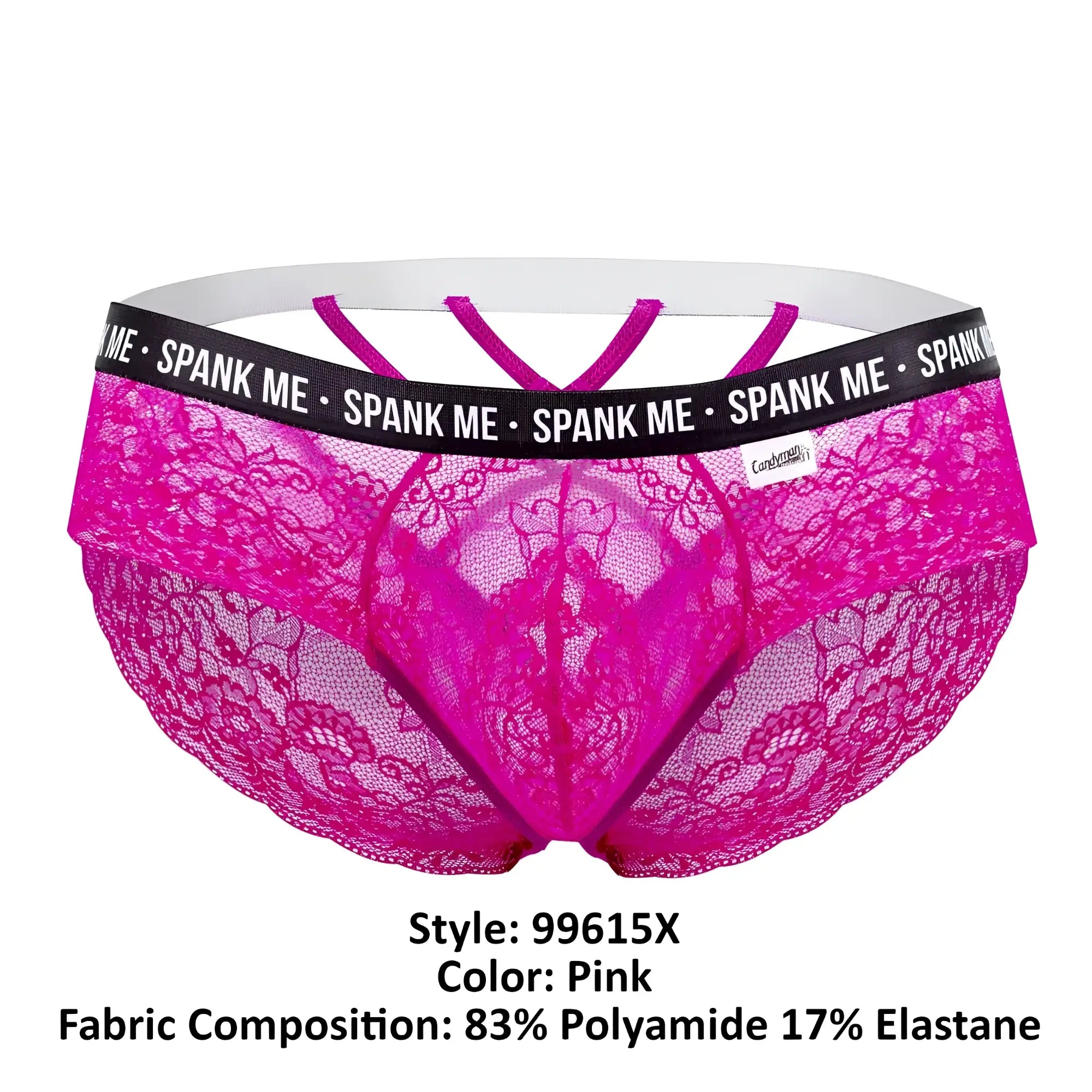 Vibrant pink CandyMan 99615X spank me lace thong with black waistband and white elastic trim front view