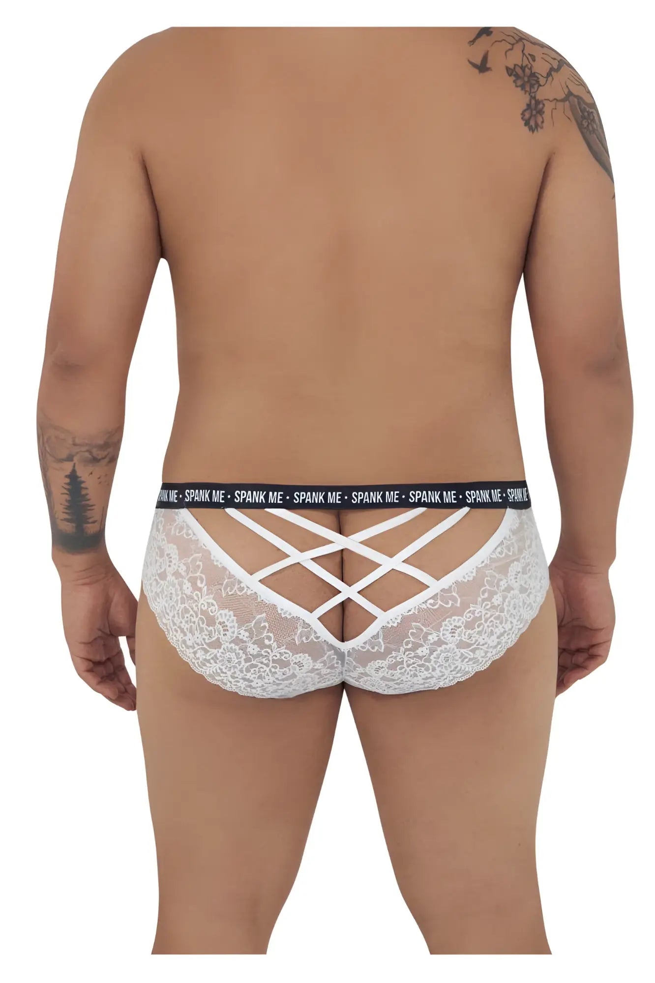 Back view of candyMan 99615X spank me white lace briefs with crisscross design and black waistband text detail