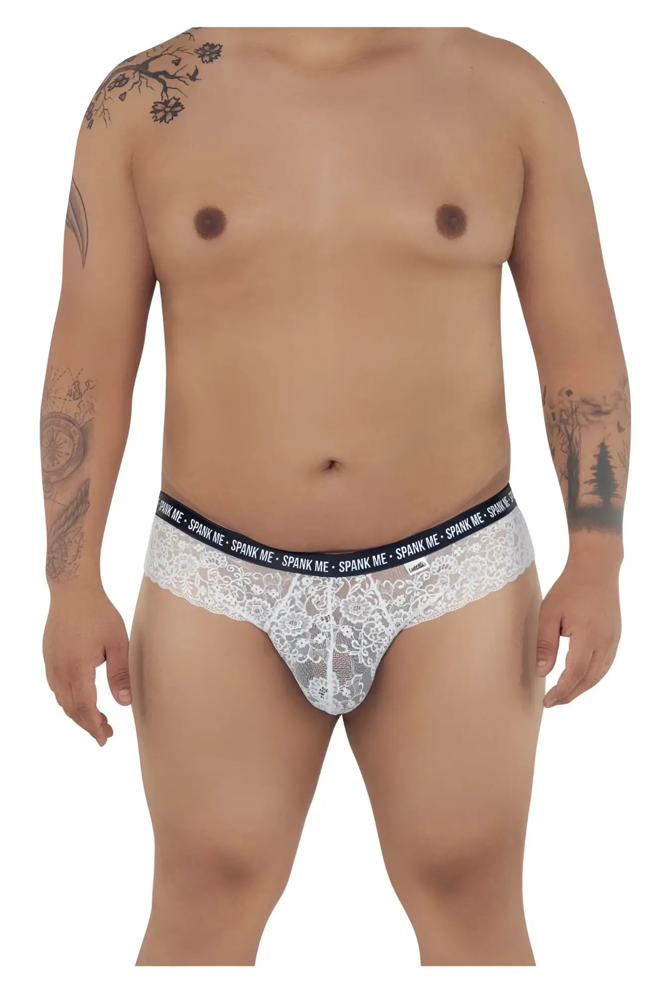 White lace men’s briefs with black elastic waistband reading spank me from candyman 99615x lace briefs white