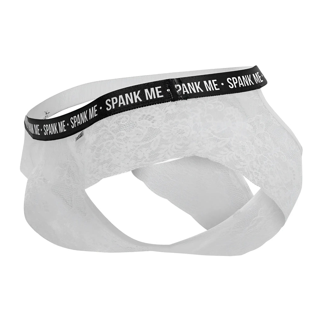 White lace men’s underwear with black elastic waistband featuring spank me text candyMan 99615x lace briefs white