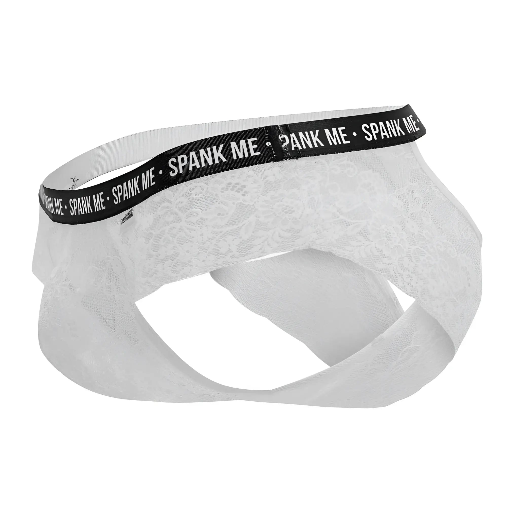 White lace men’s underwear with black elastic waistband featuring spank me text candyMan 99615x lace briefs white